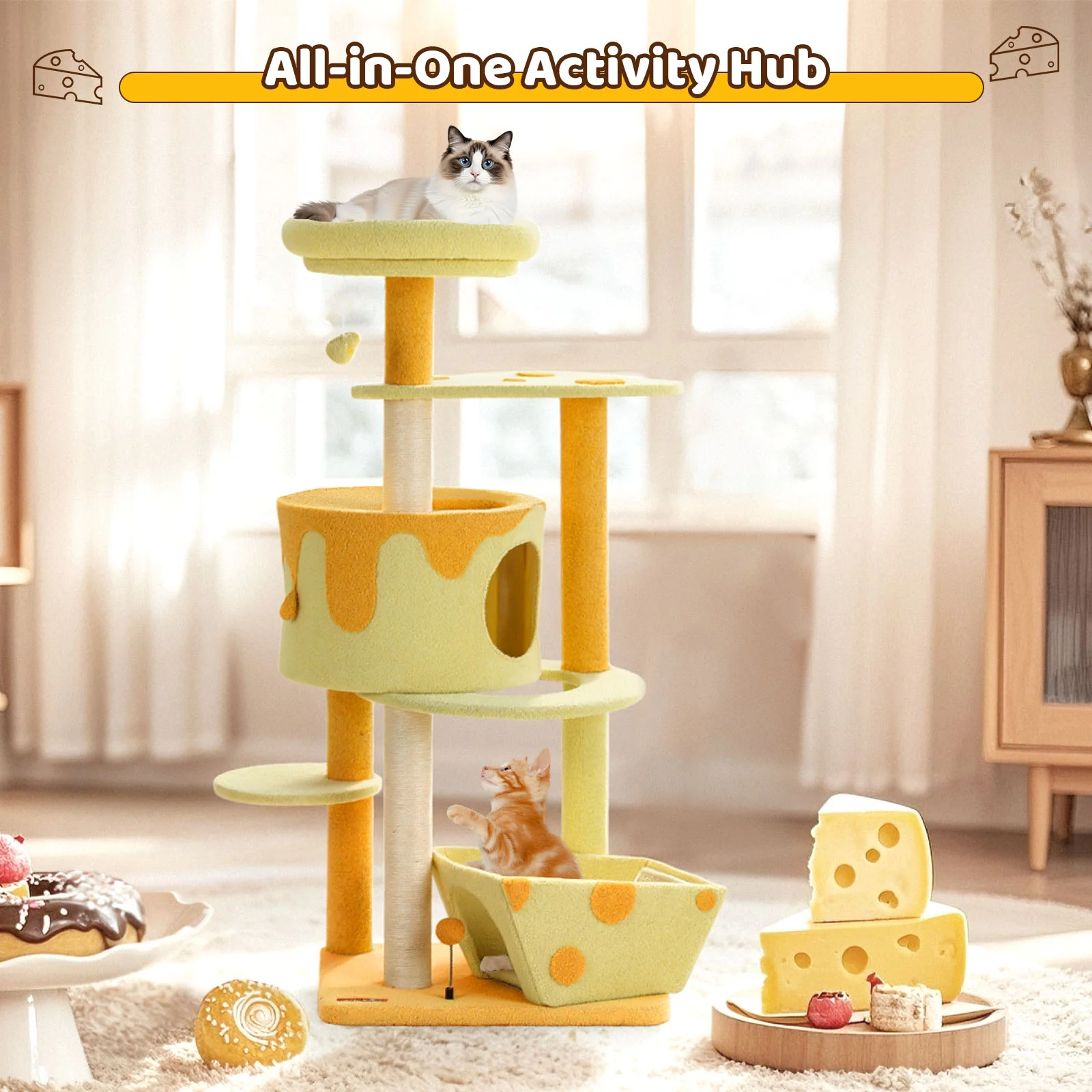 Árbol rascador para gatos con forma de queso transformable, caseta con 3 puertas y acabado de terciopelo Teddy