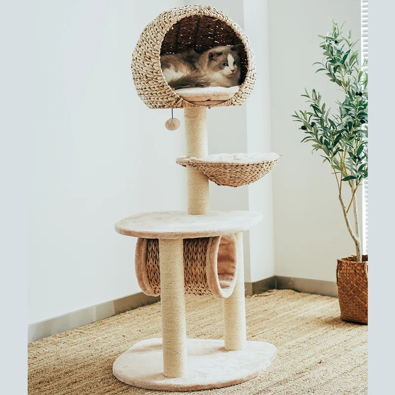Bird Nest Cat Tree with Hand-Woven Rattan Bed and Four Sisal Posts