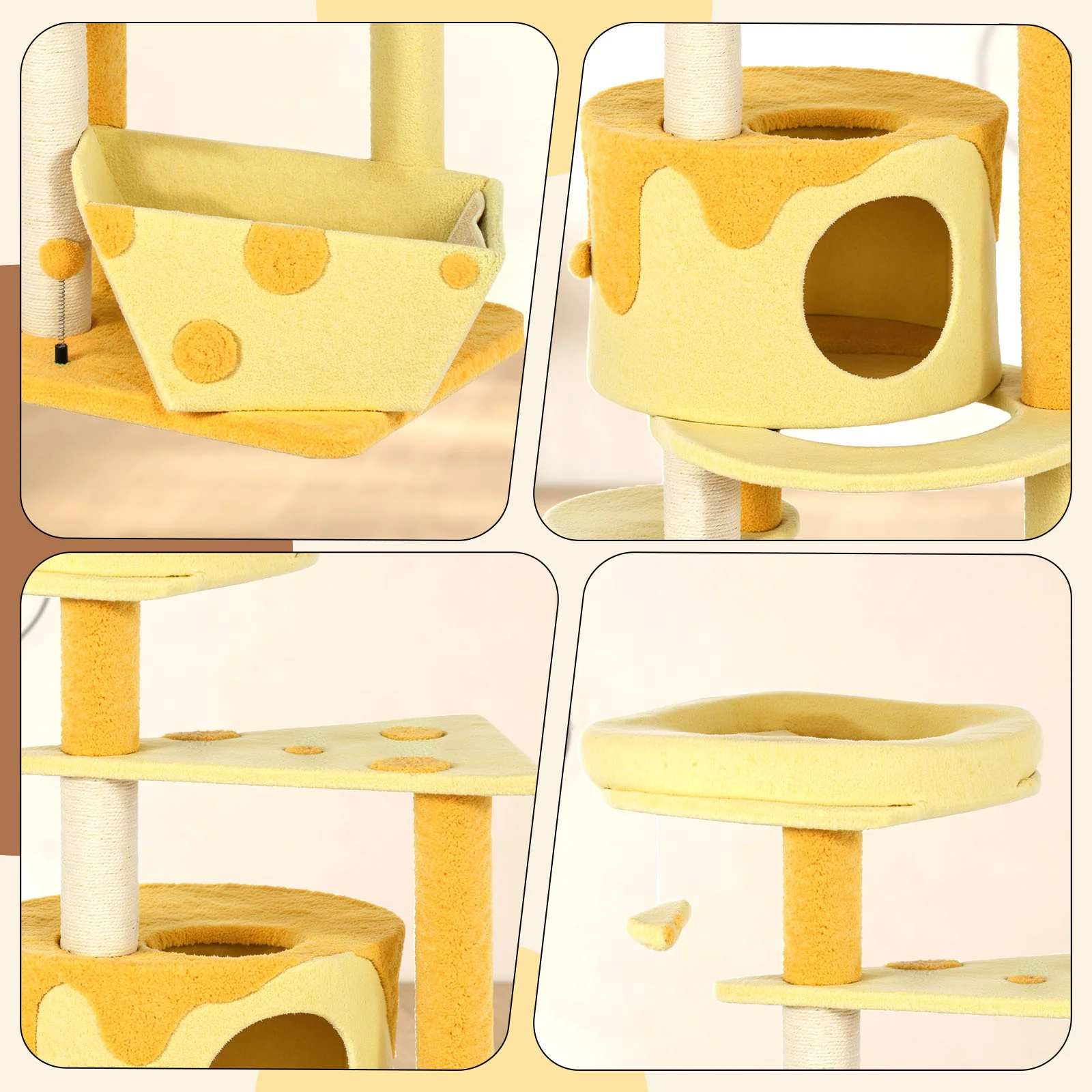 Árbol rascador para gatos con forma de queso transformable, caseta con 3 puertas y acabado de terciopelo Teddy