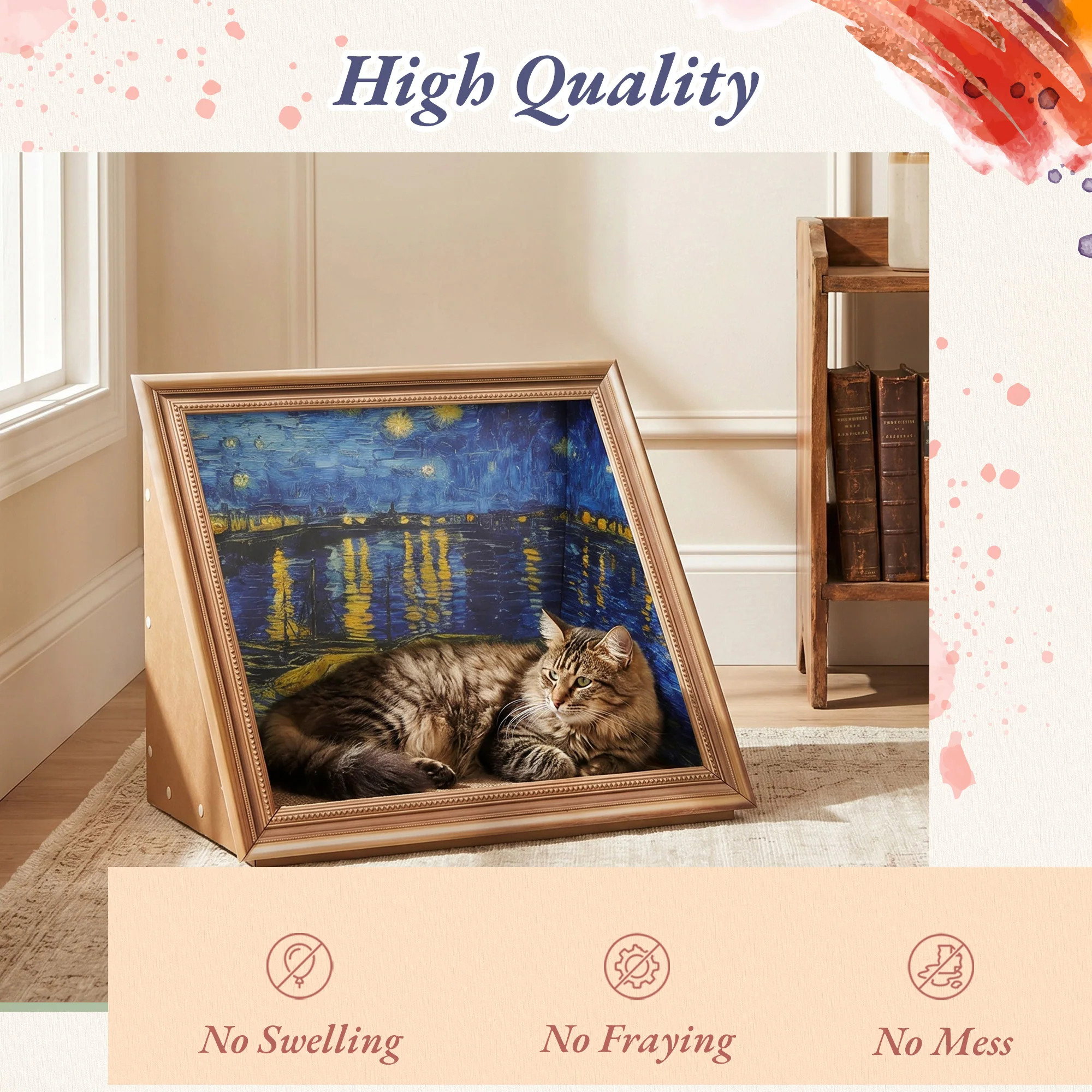 Retro Art Cat Scratcher with Gold Frame and Oil Painting Backdrop