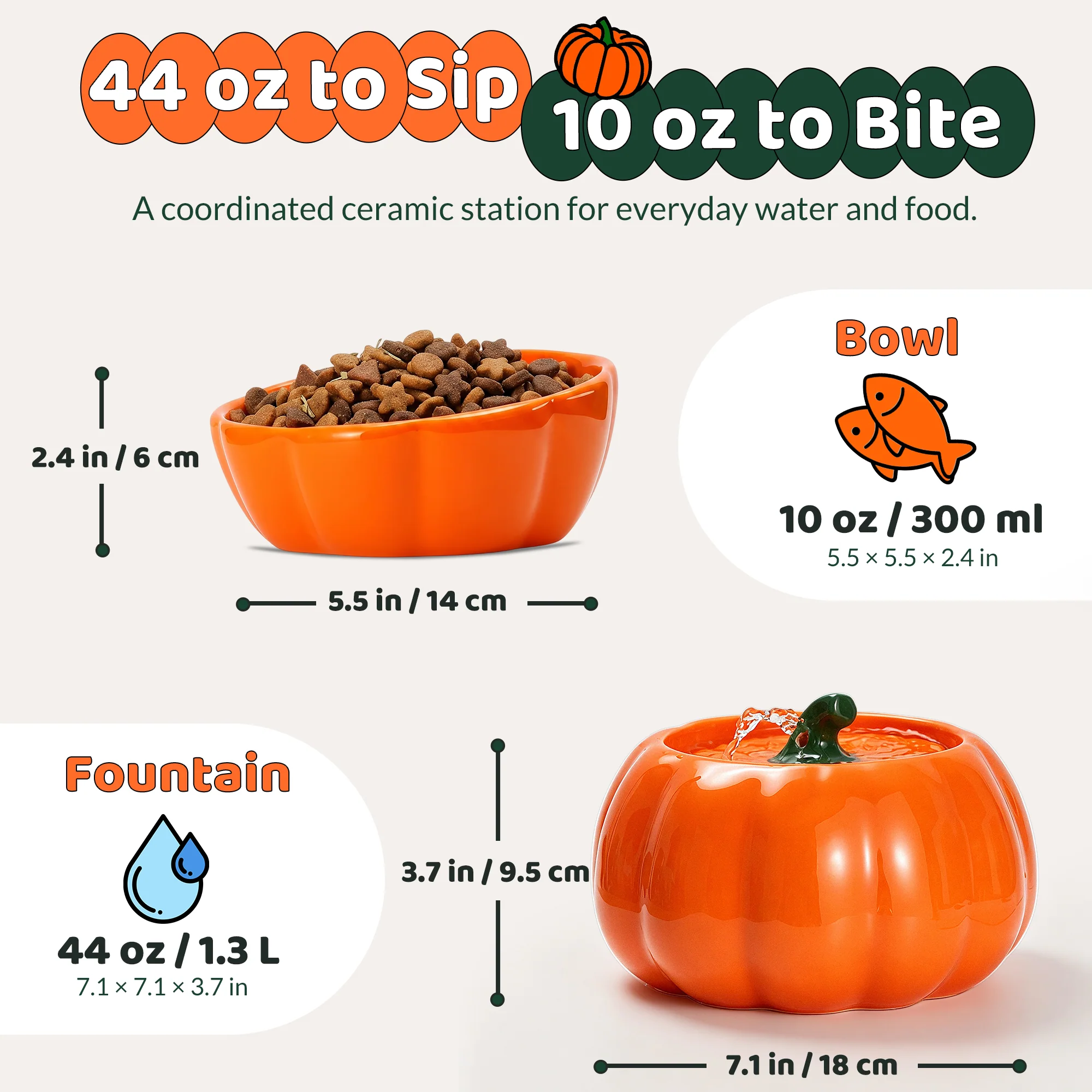 Pumpkin Patch-kattmatskål & fontänset i orange eller grönt keramik