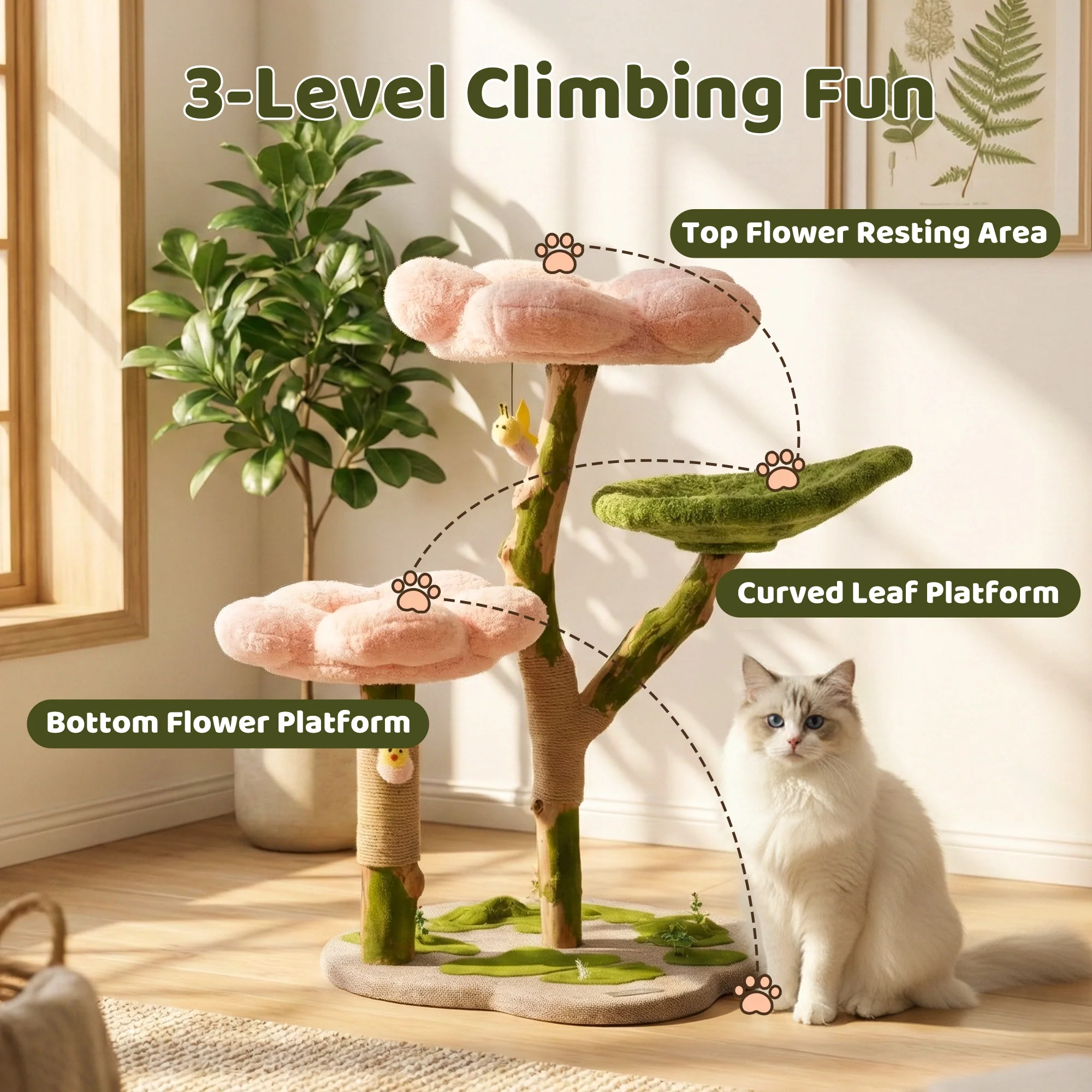 35.4" Blossom Wonder katträd i massivt trä med blom- och lövdesign