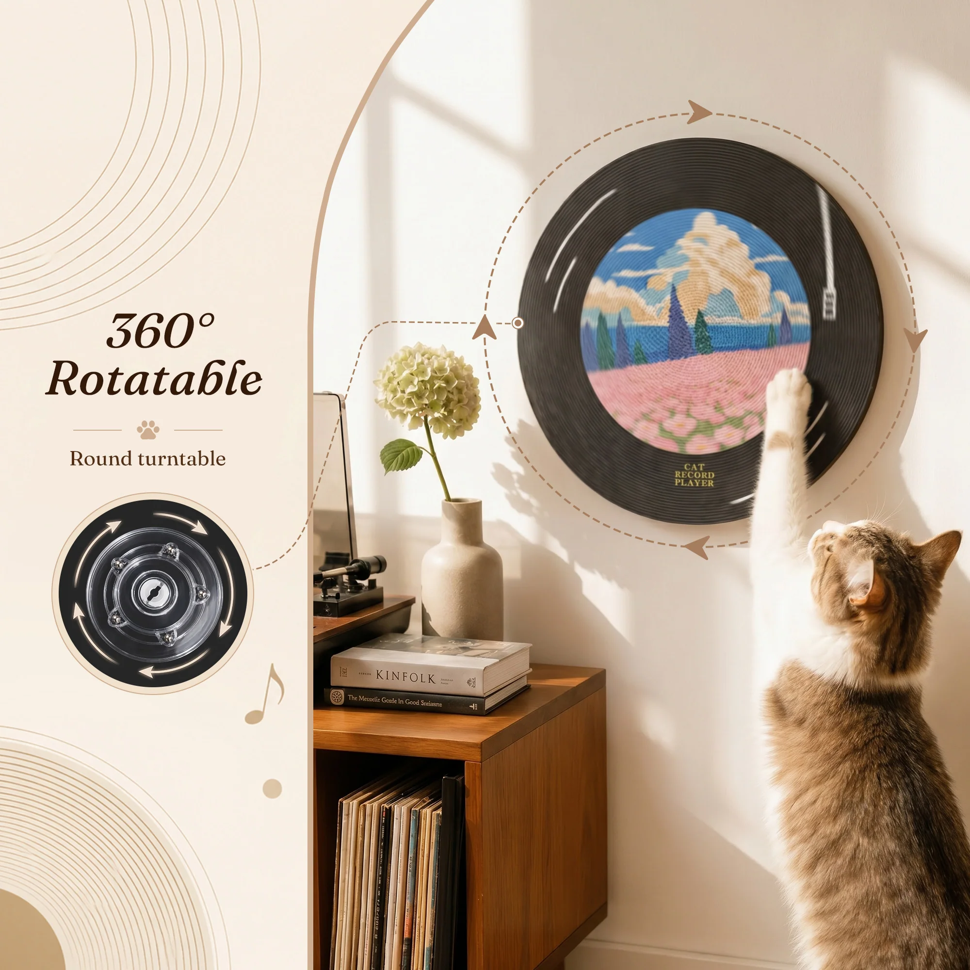Vinyl Dreams vægklatrestativ til katte med pladestel til musikelskende katte
