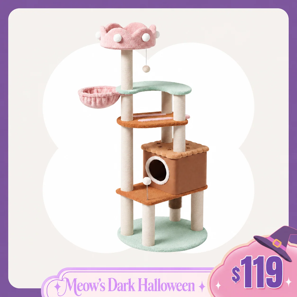 63" Ice Cream Palace Sherpa Tüneme Raflı Çok Katlı Kedi Ağacı