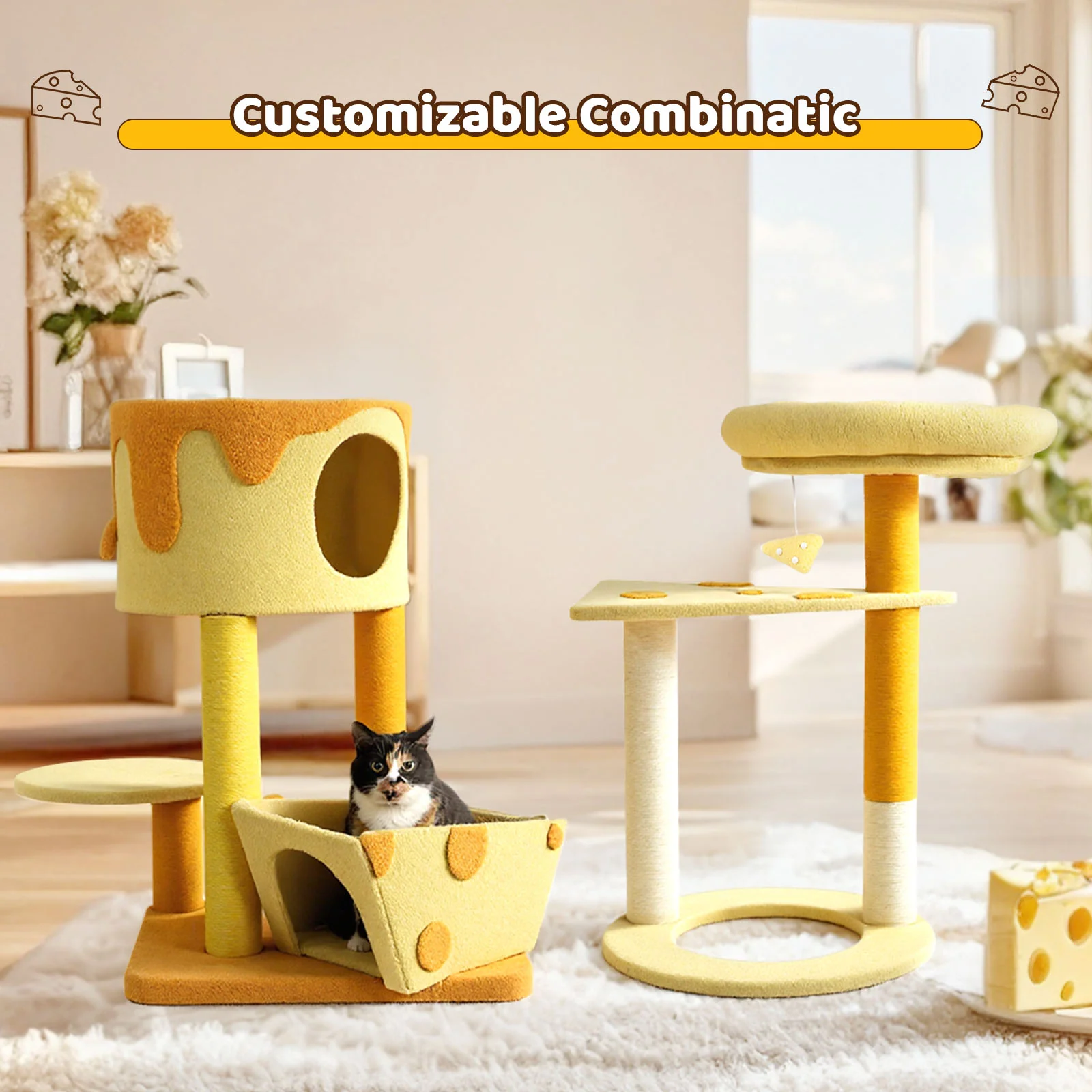 Árbol rascador para gatos con forma de queso transformable, caseta con 3 puertas y acabado de terciopelo Teddy