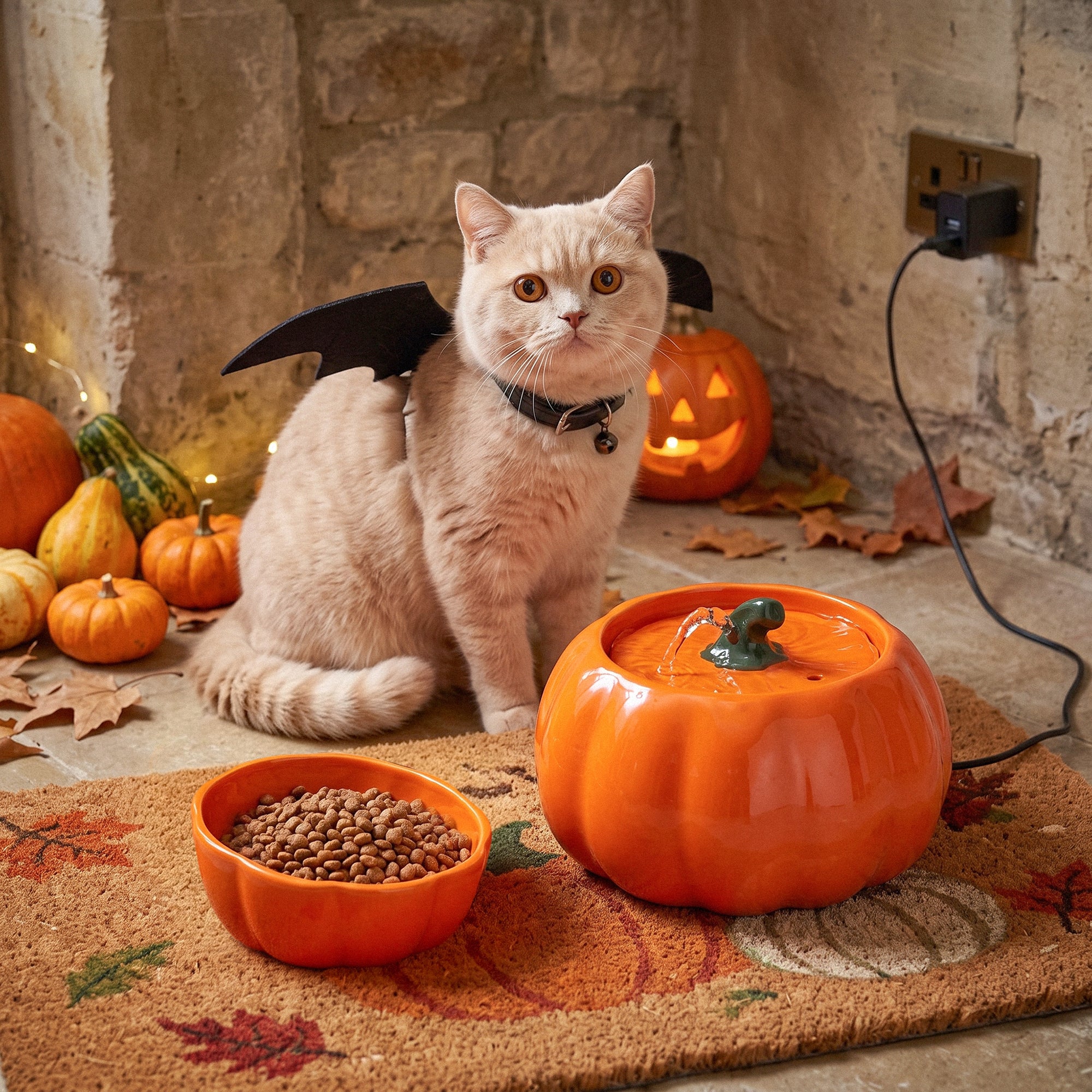 Pumpkin Patch-kattmatskål & fontänset i orange eller grönt keramik