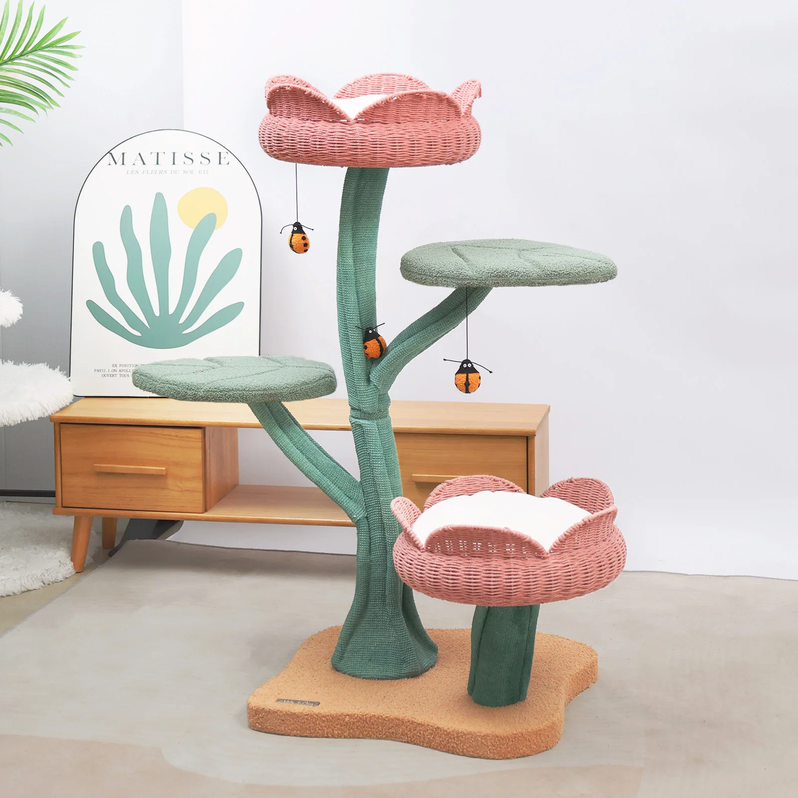 Yellow Tulip Cat Tree with Iron Support and Ladybug Toy