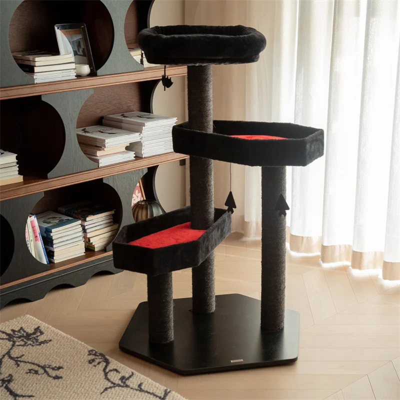 Gothic Style Cat Tree with Coffin Platforms in Red and Black