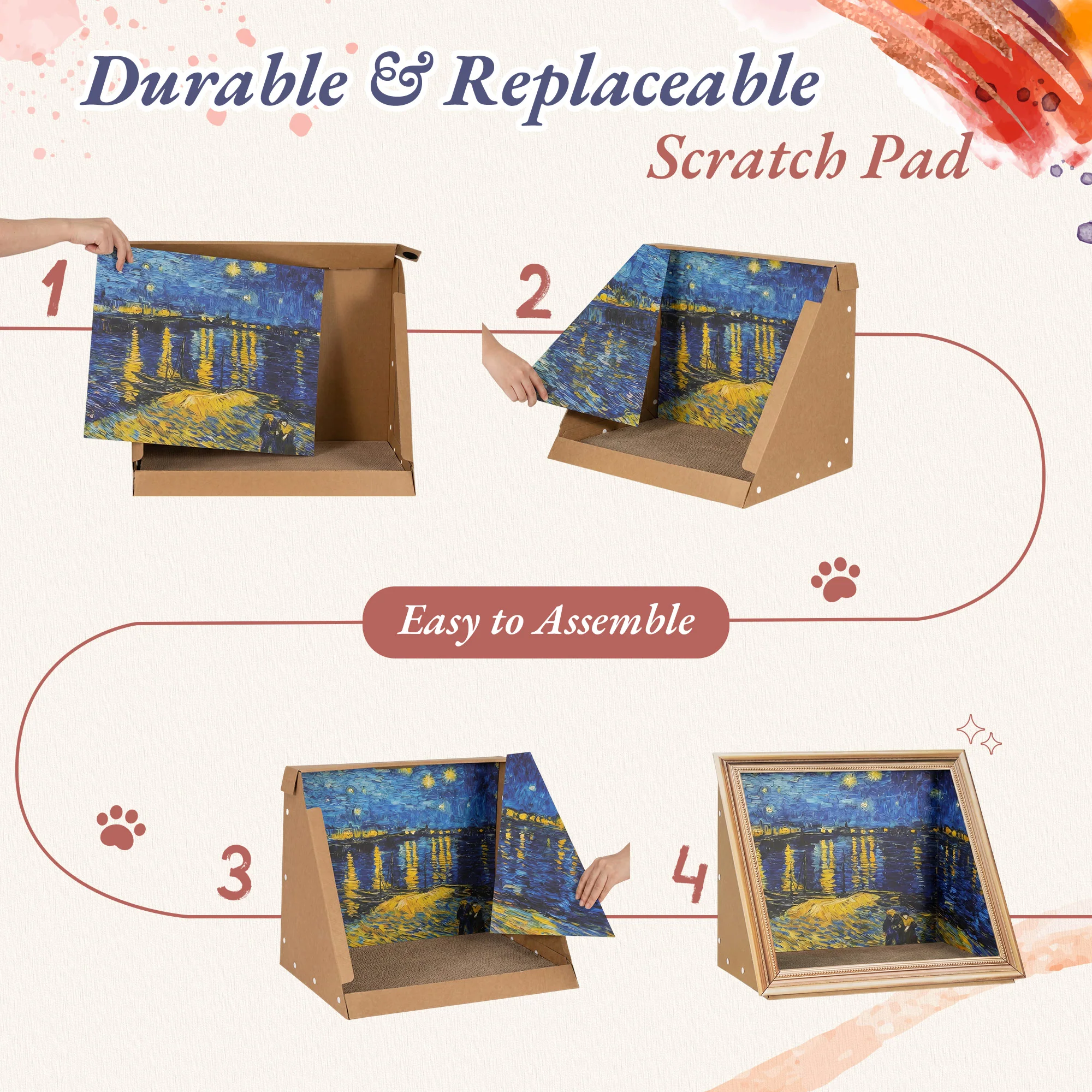 Retro Art Cat Scratcher with Gold Frame and Oil Painting Backdrop