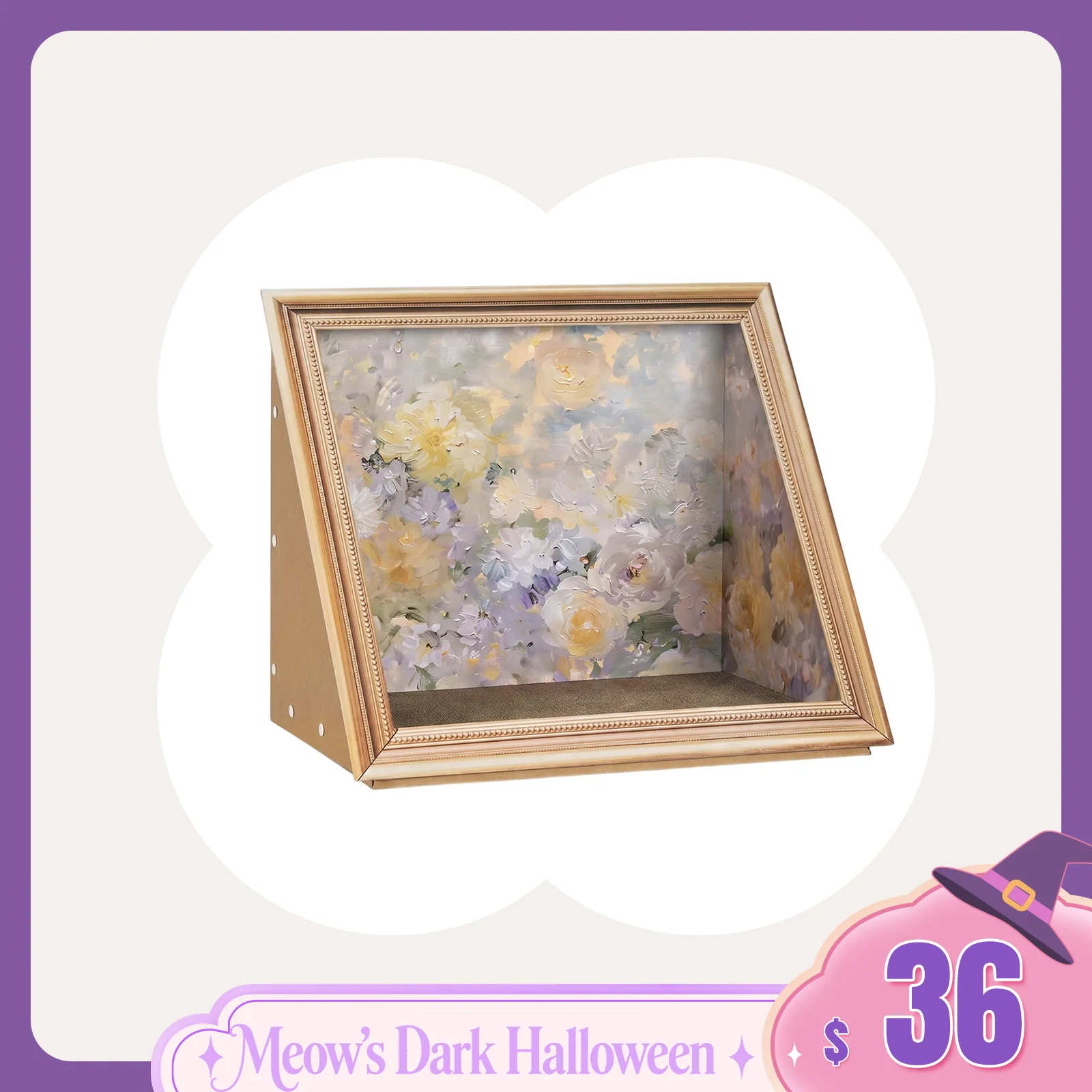 Retro Art Cat Scratcher with Gold Frame and Oil Painting Backdrop