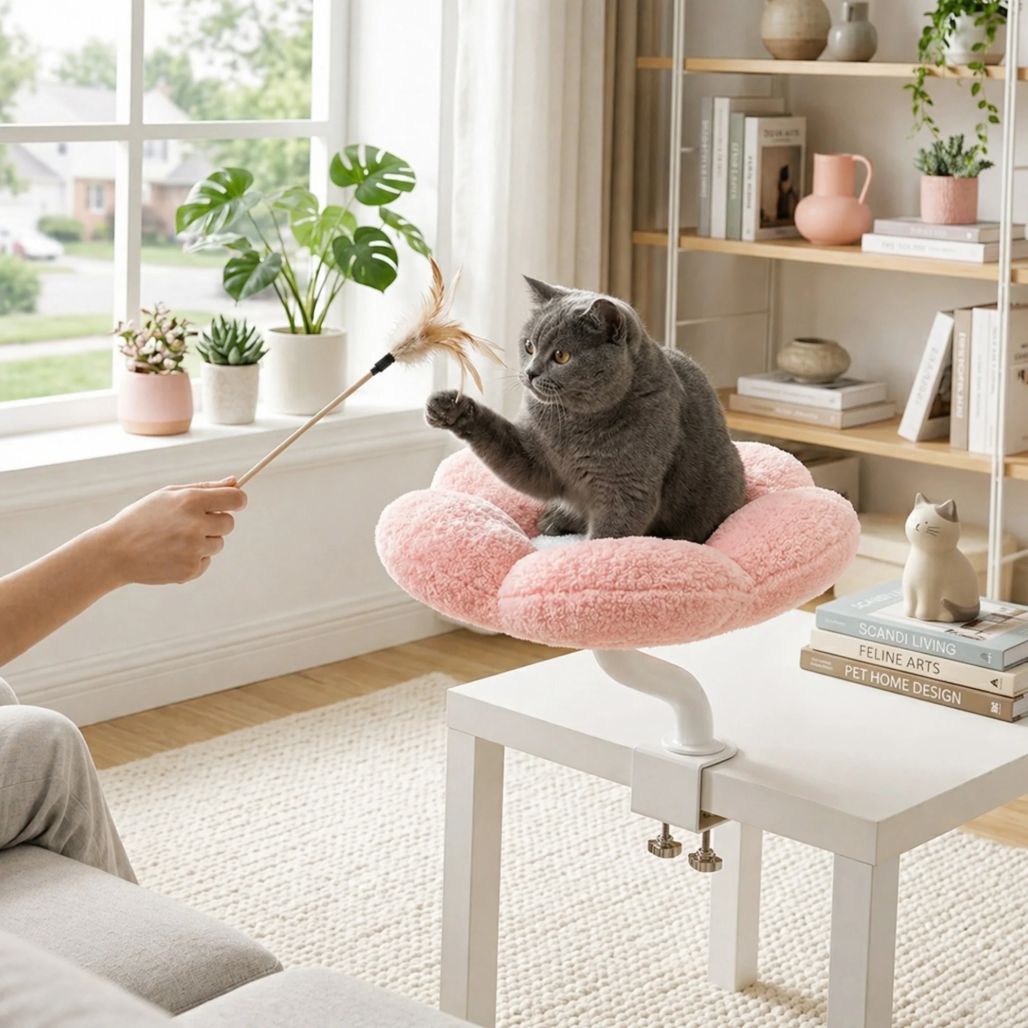 Hyggelig blomster-skrivebordsseng til kat