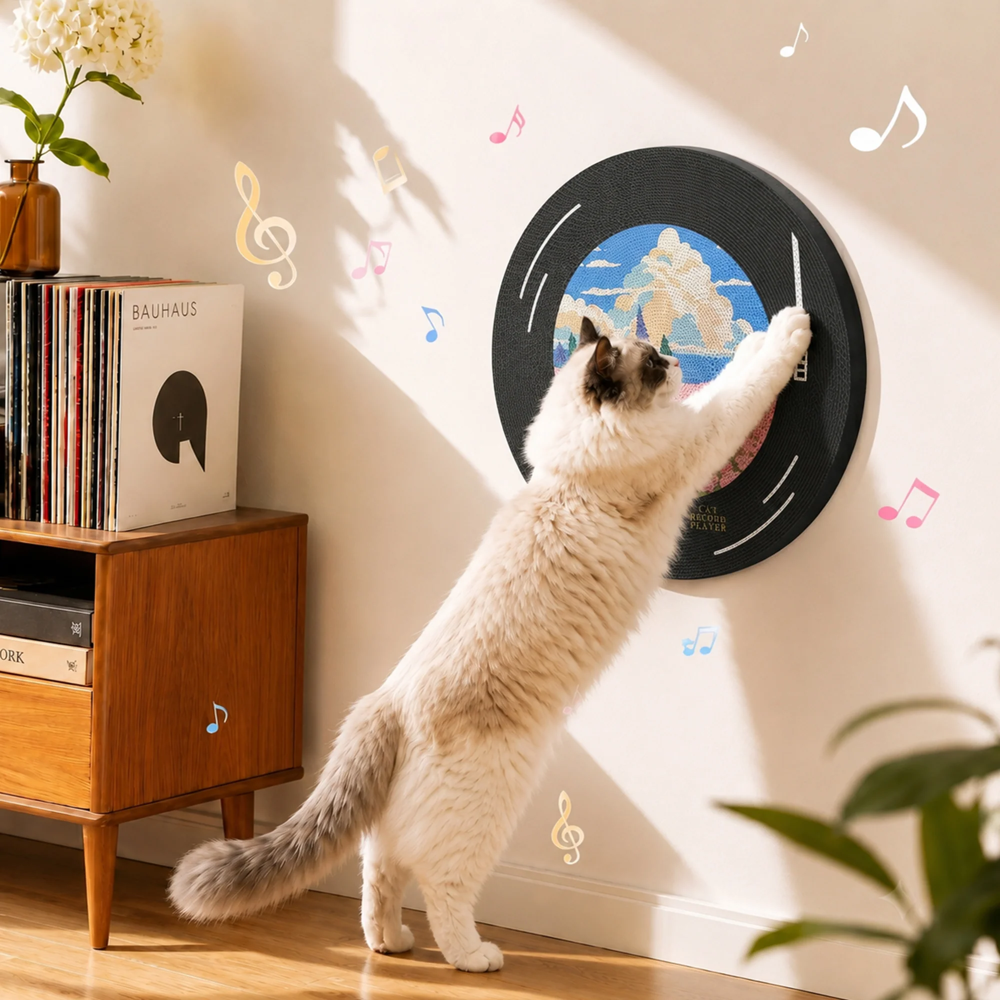 Vinyl Dreams vægklatrestativ til katte med pladestel til musikelskende katte
