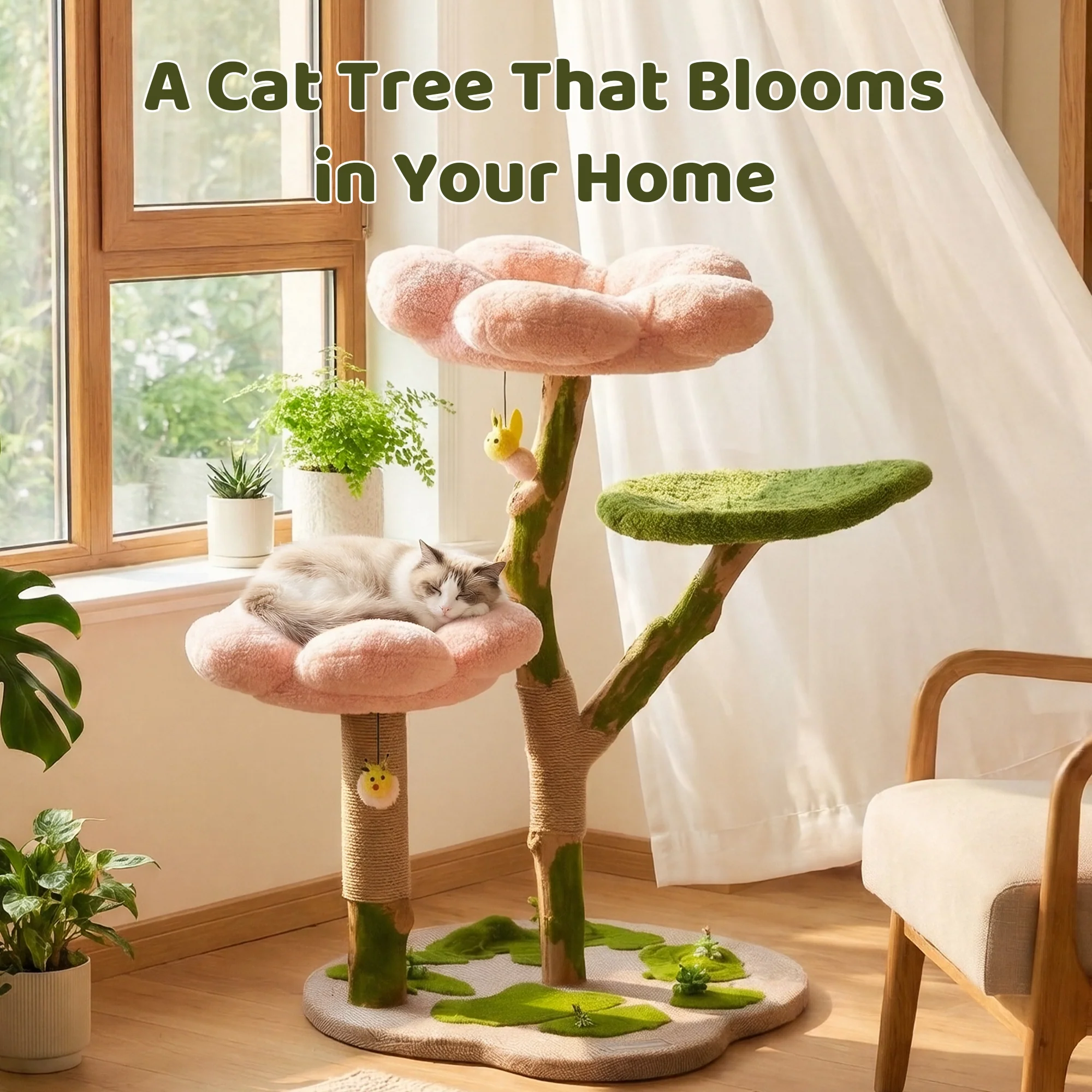 35.4" Blossom Wonder katträd i massivt trä med blom- och lövdesign