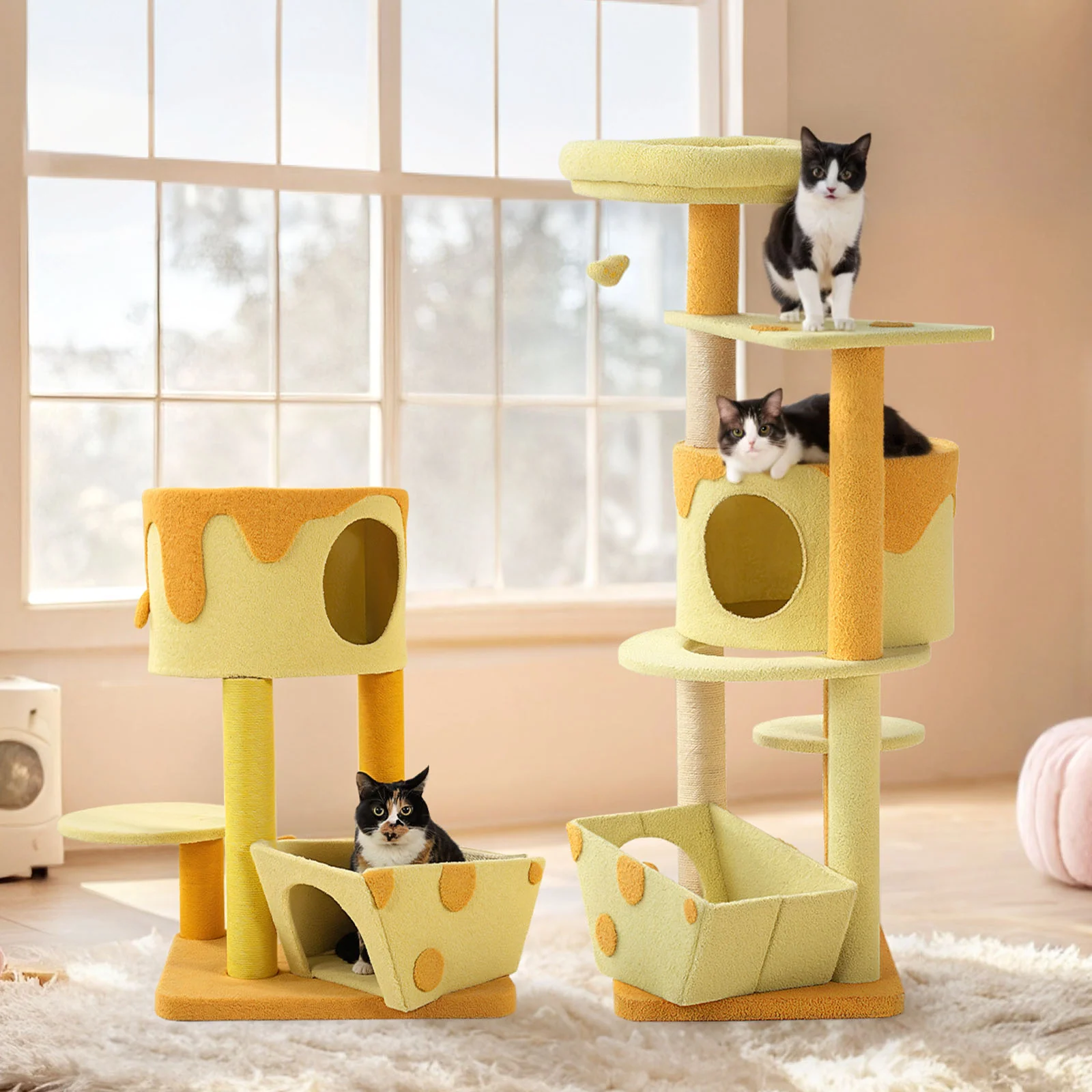 Árbol rascador para gatos con forma de queso transformable, caseta con 3 puertas y acabado de terciopelo Teddy