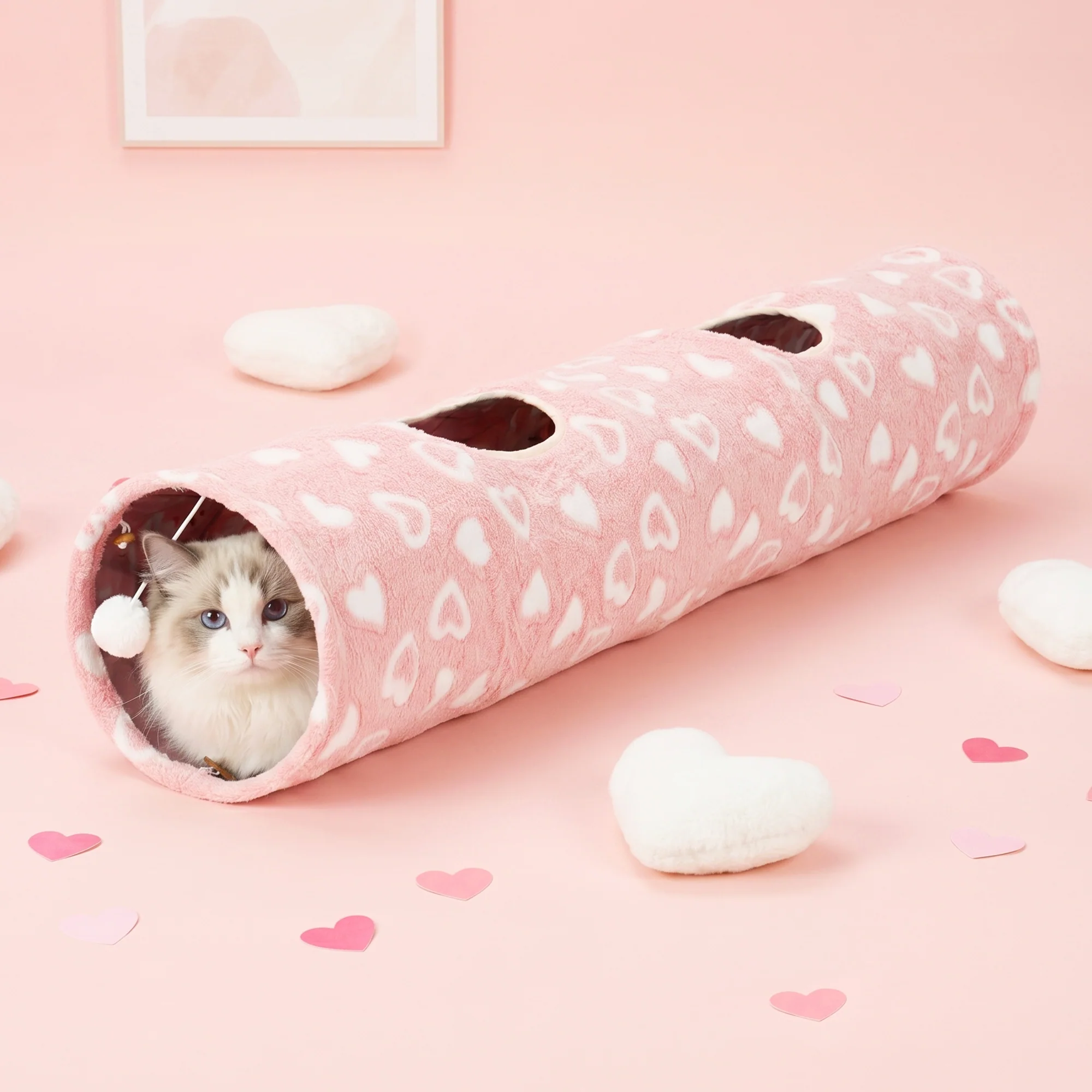 Sweetheart Snuggle Cat Tunnel Bed in Soft Pink Plush