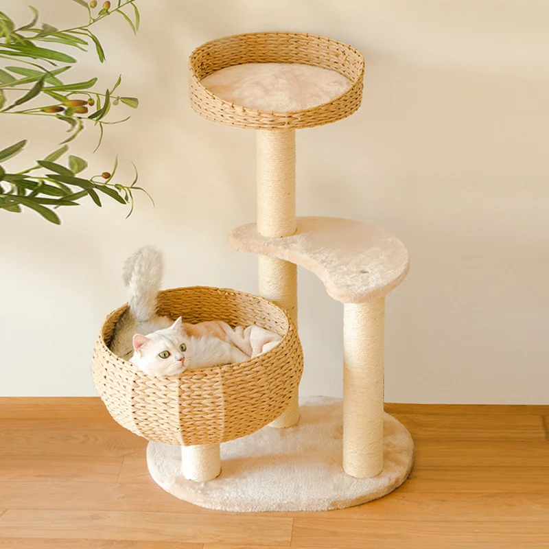 Sleeping in the Bowl Cat Tree with Natural Rattan Nest and 3 Tiers
