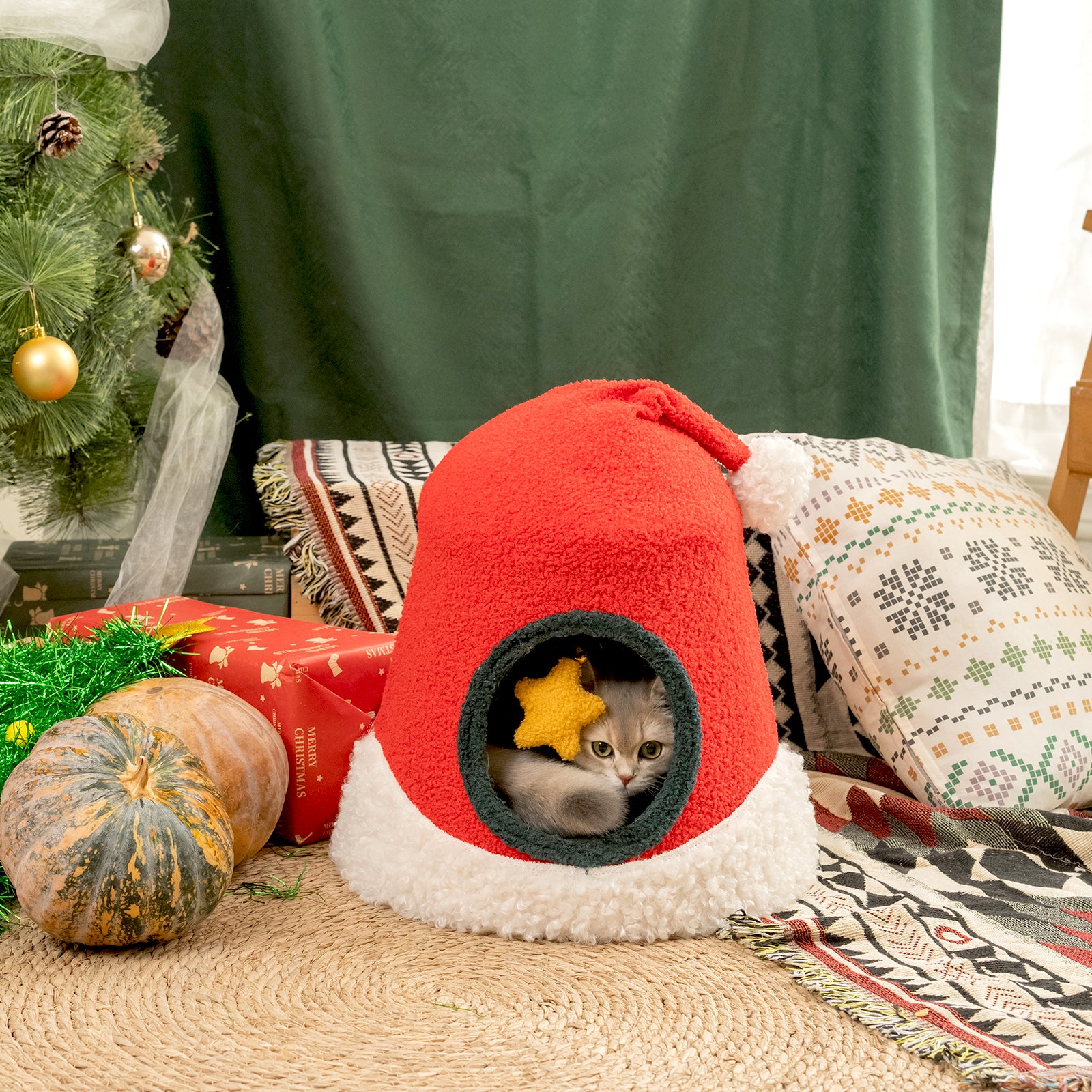 Christmas Tree Cat Bed Tent With Removable Top for Cats and Small Dogs