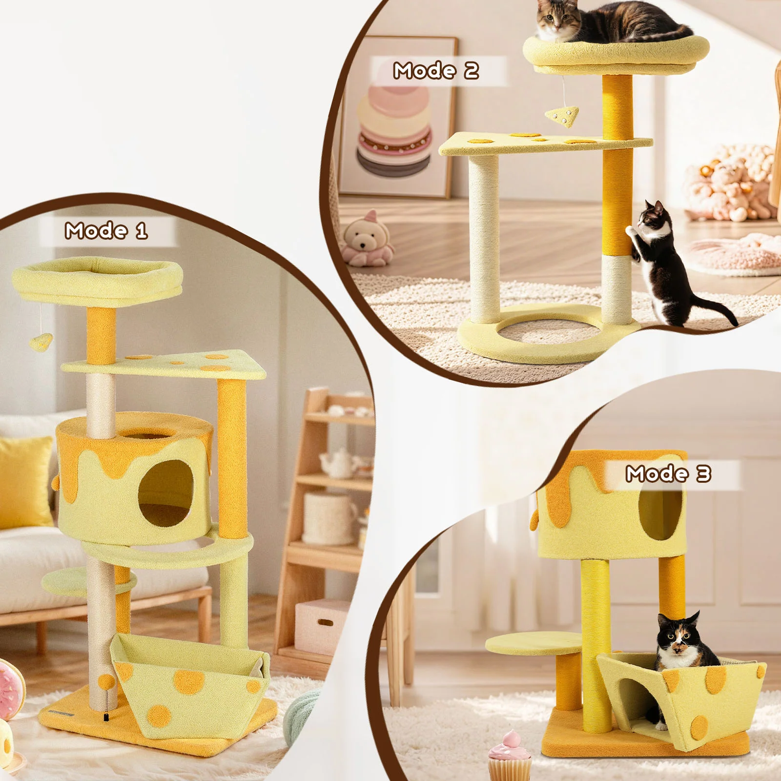 Árbol rascador para gatos con forma de queso transformable, caseta con 3 puertas y acabado de terciopelo Teddy