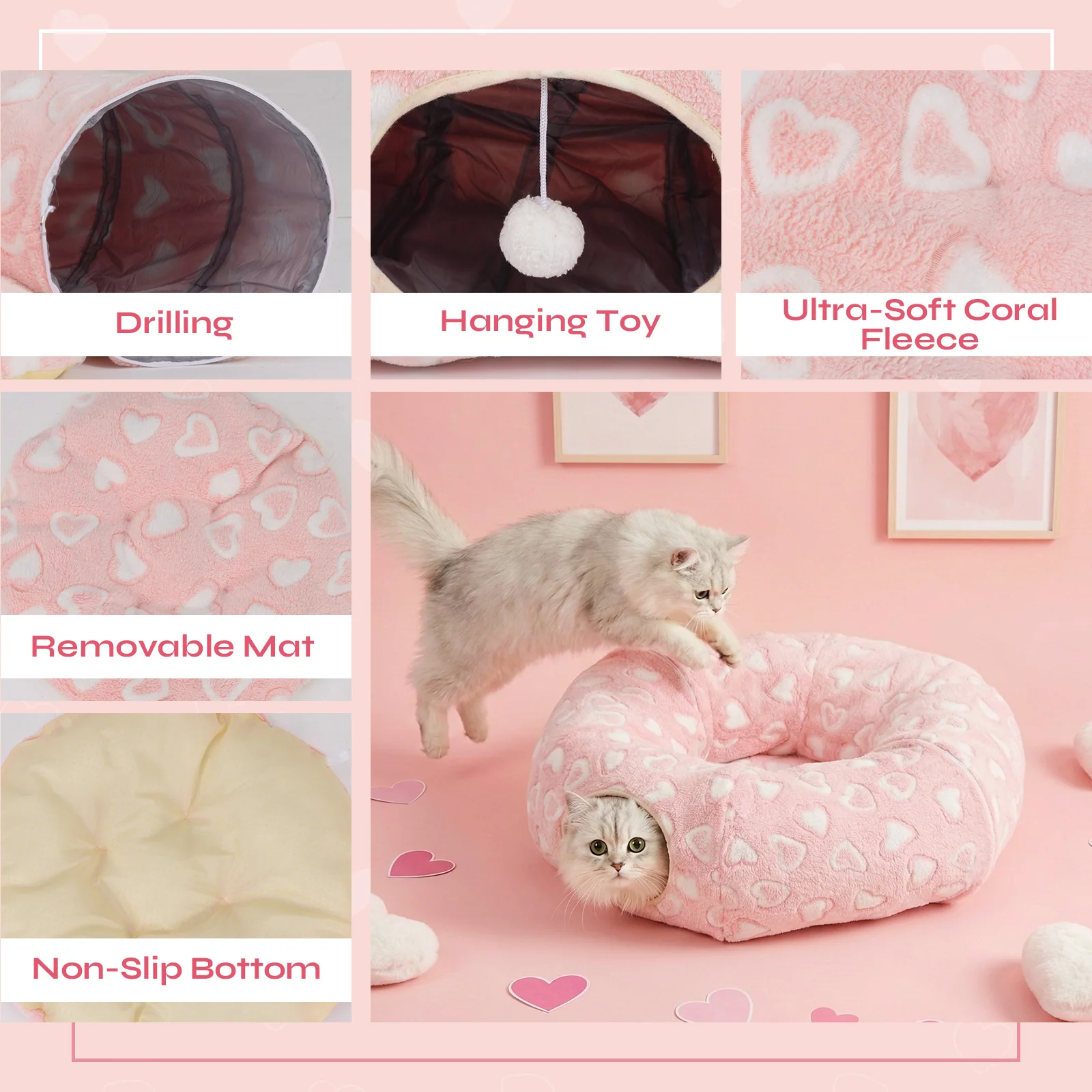 Sweetheart Snuggle Cat Tunnel Bed in Soft Pink Plush