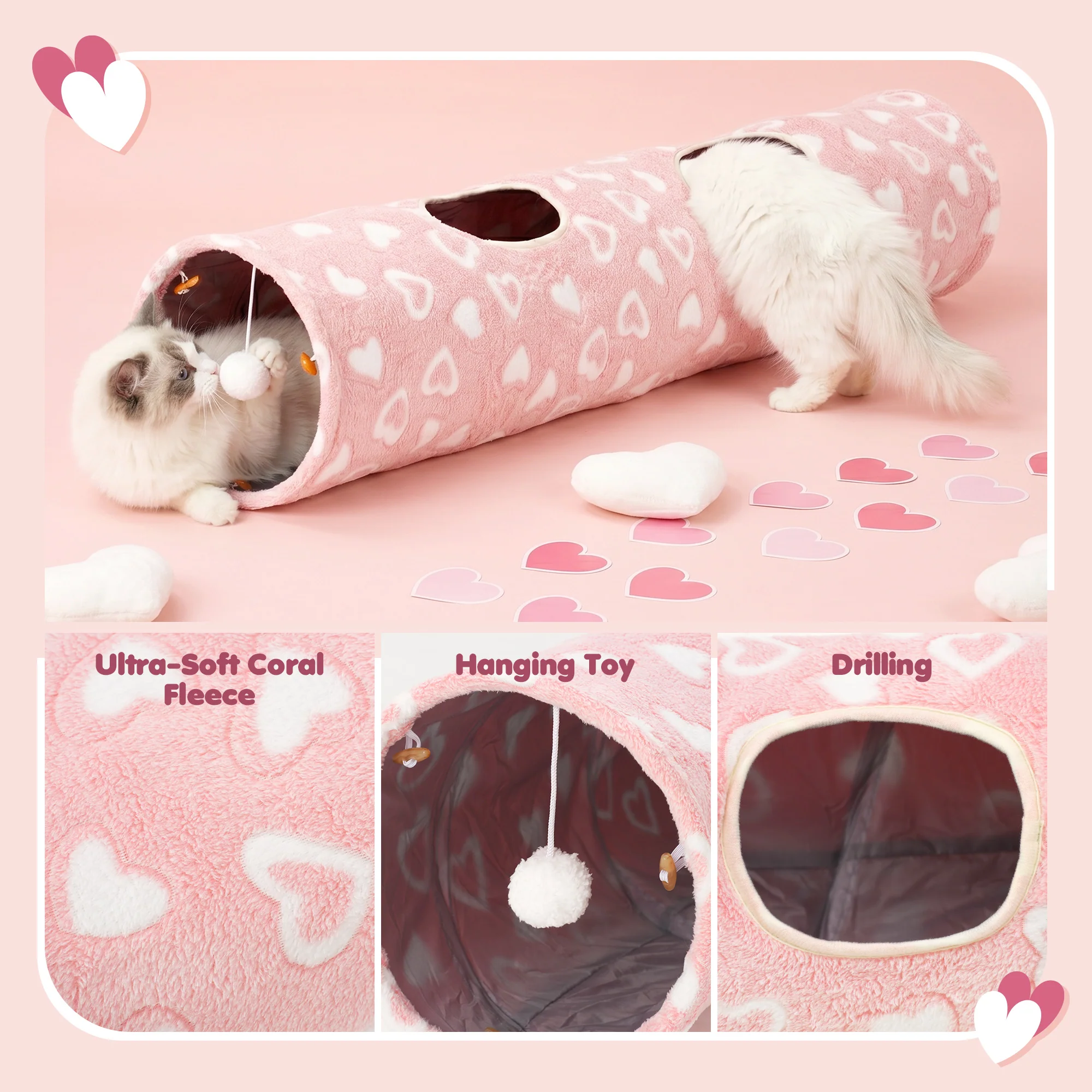 Sweetheart Snuggle Cat Tunnel Bed in Soft Pink Plush