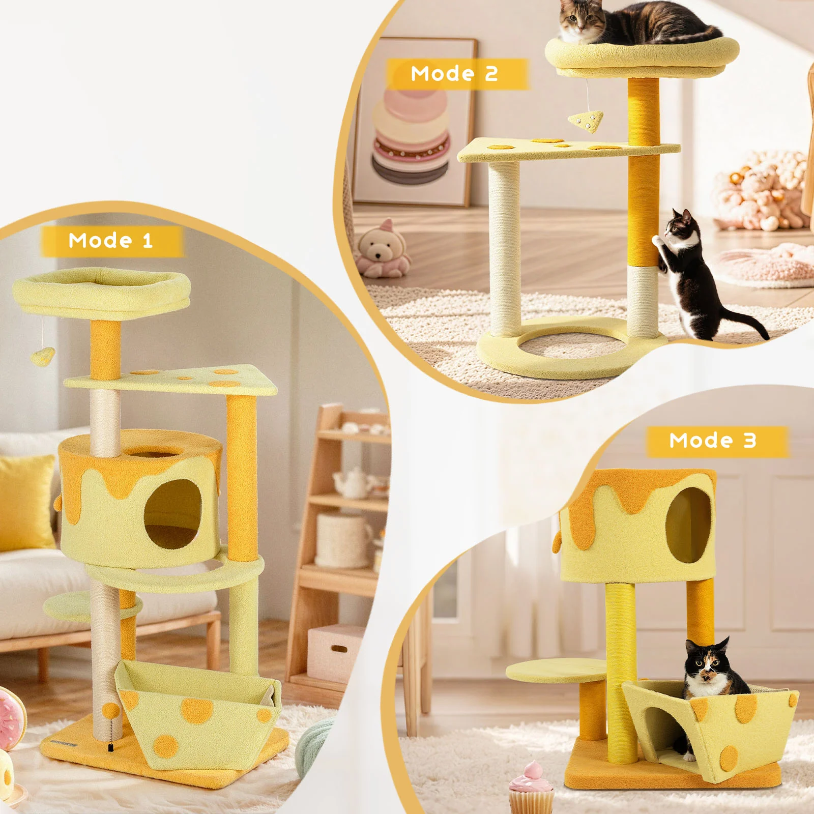 Árbol rascador para gatos con forma de queso transformable, caseta con 3 puertas y acabado de terciopelo Teddy