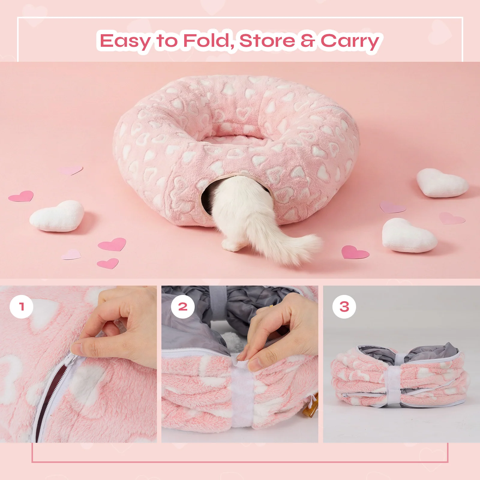 Sweetheart Snuggle Cat Tunnel Bed in Soft Pink Plush