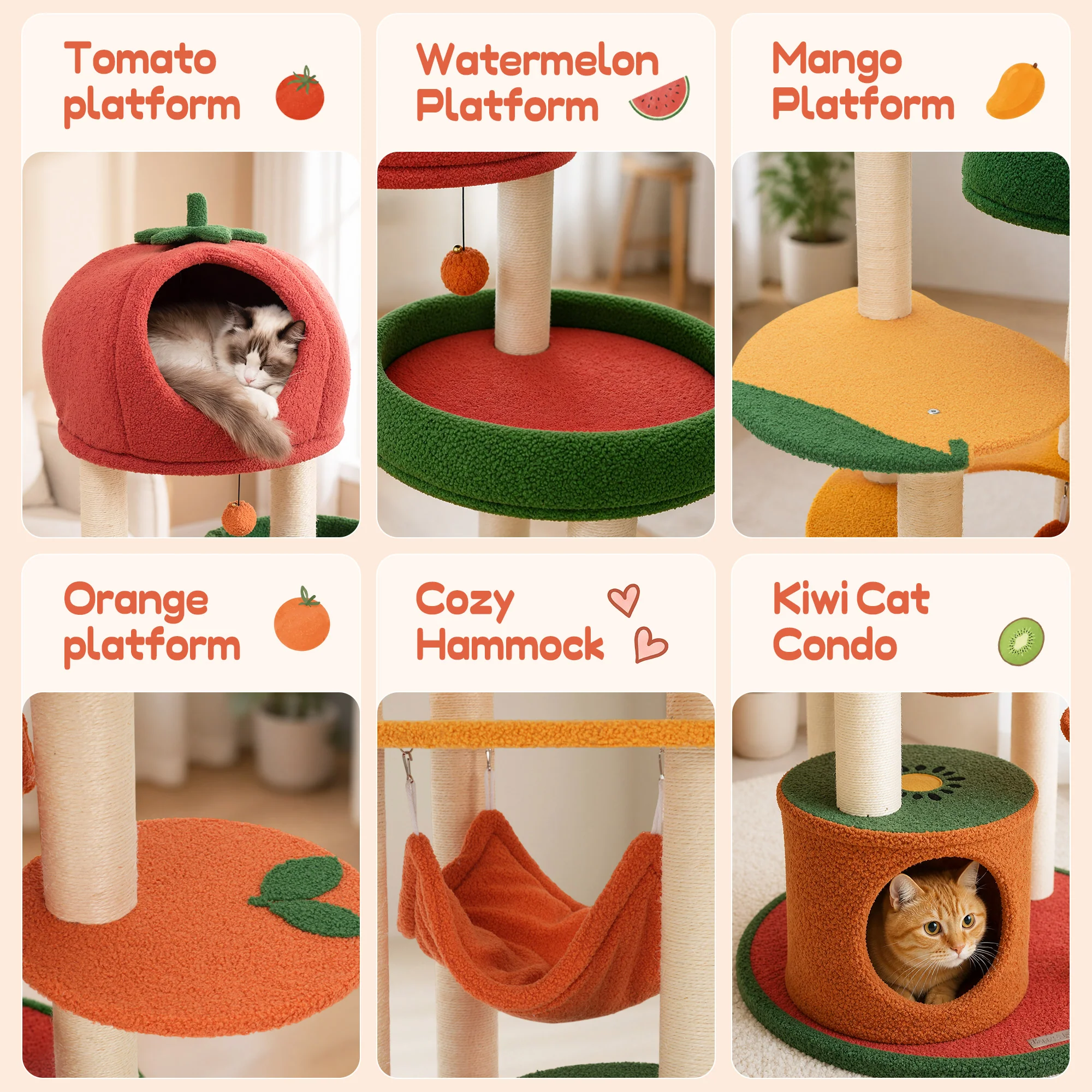 Albero per più gatti Fruit World da 71" con piattaforme a mango, fragola e arancia