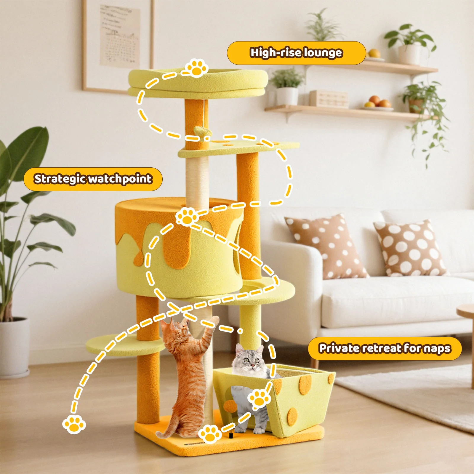 Árbol rascador para gatos con forma de queso transformable, caseta con 3 puertas y acabado de terciopelo Teddy