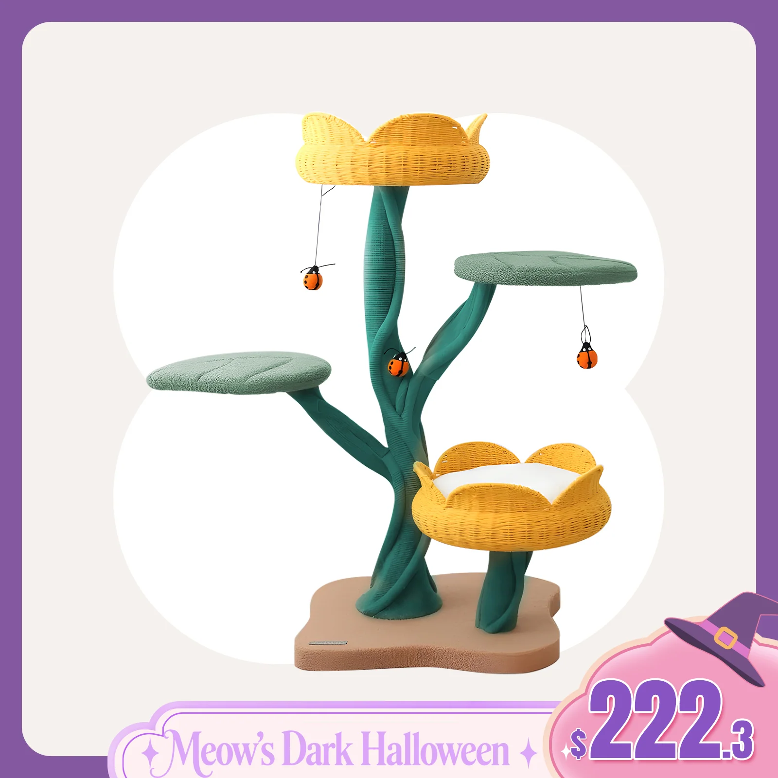 Yellow Tulip Cat Tree with Iron Support and Ladybug Toy