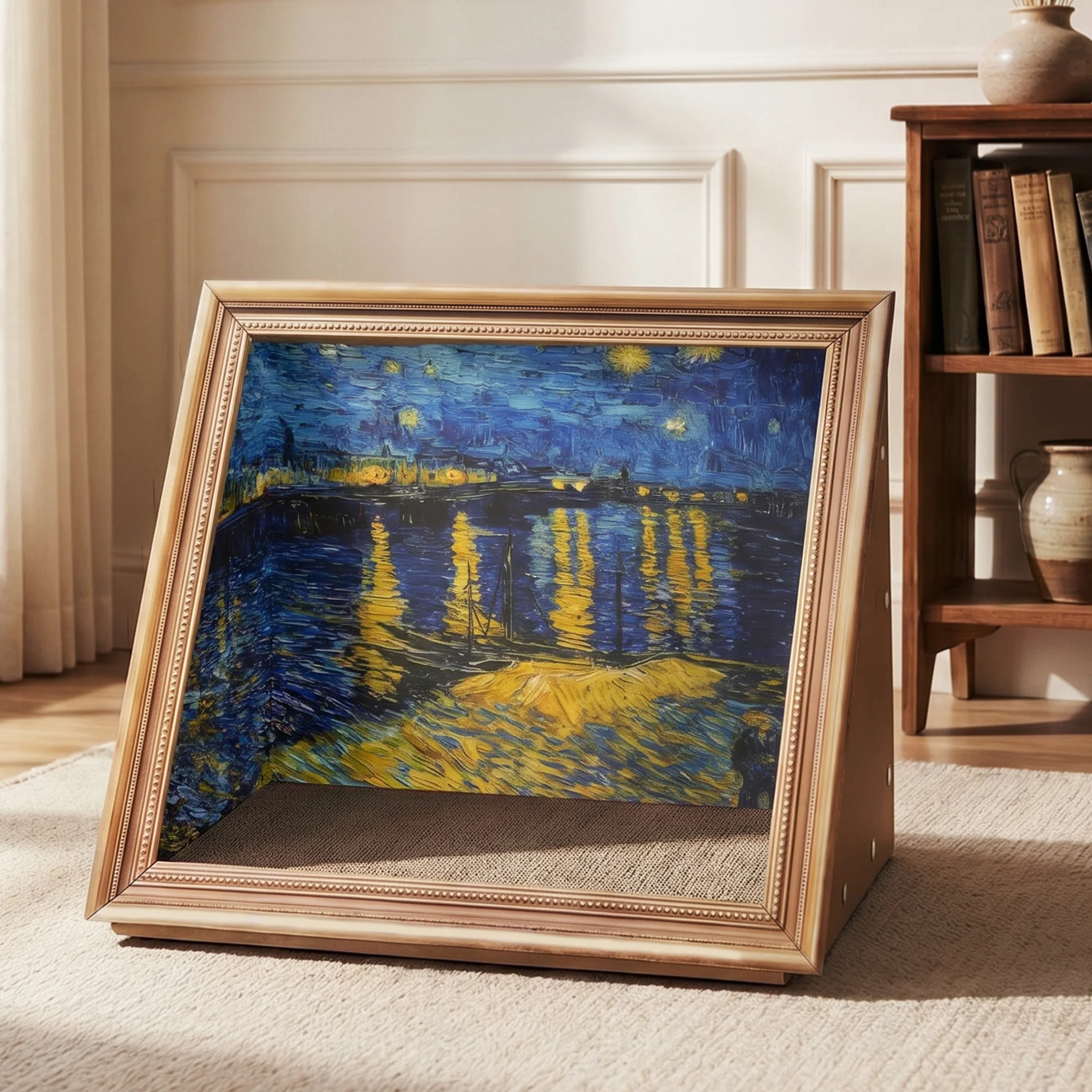 Retro Art Cat Scratcher with Gold Frame and Oil Painting Backdrop