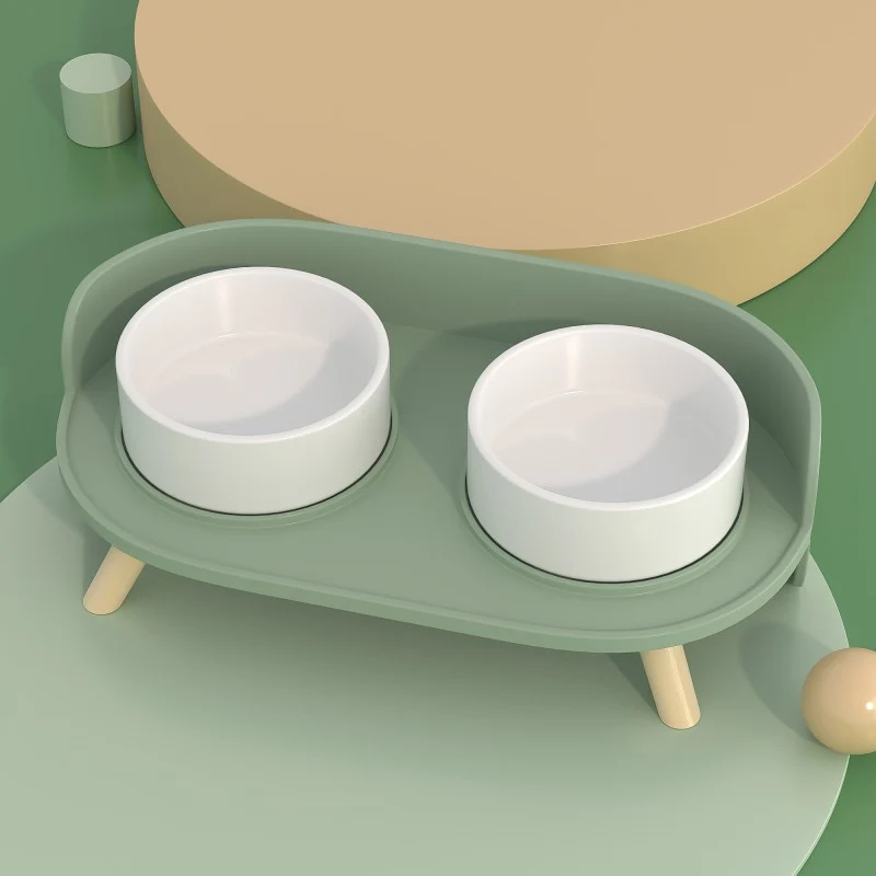 Bone China Double Cat Bowl with Non-Slip Base and Baffle