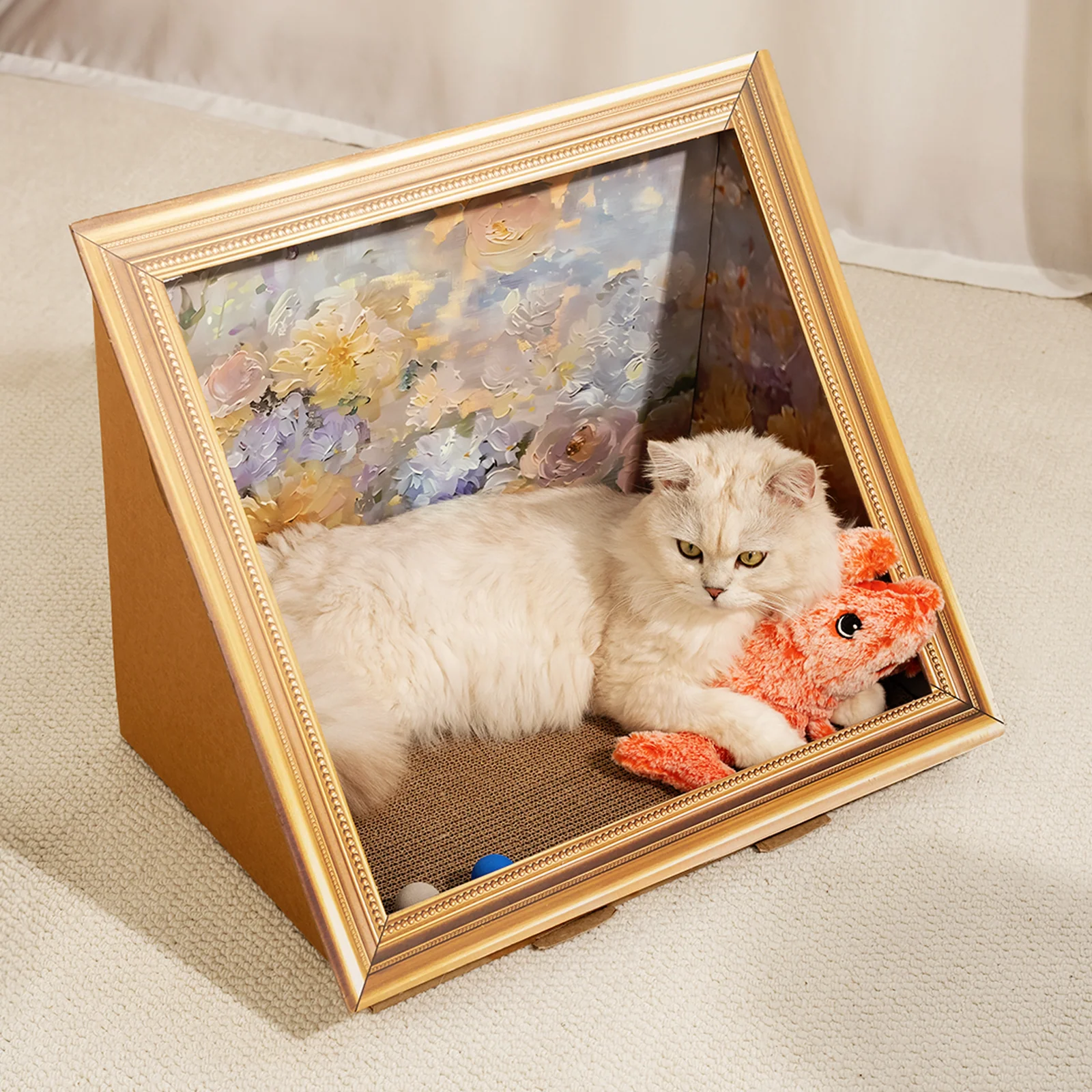 Retro Art Cat Scratcher with Gold Frame and Oil Painting Backdrop