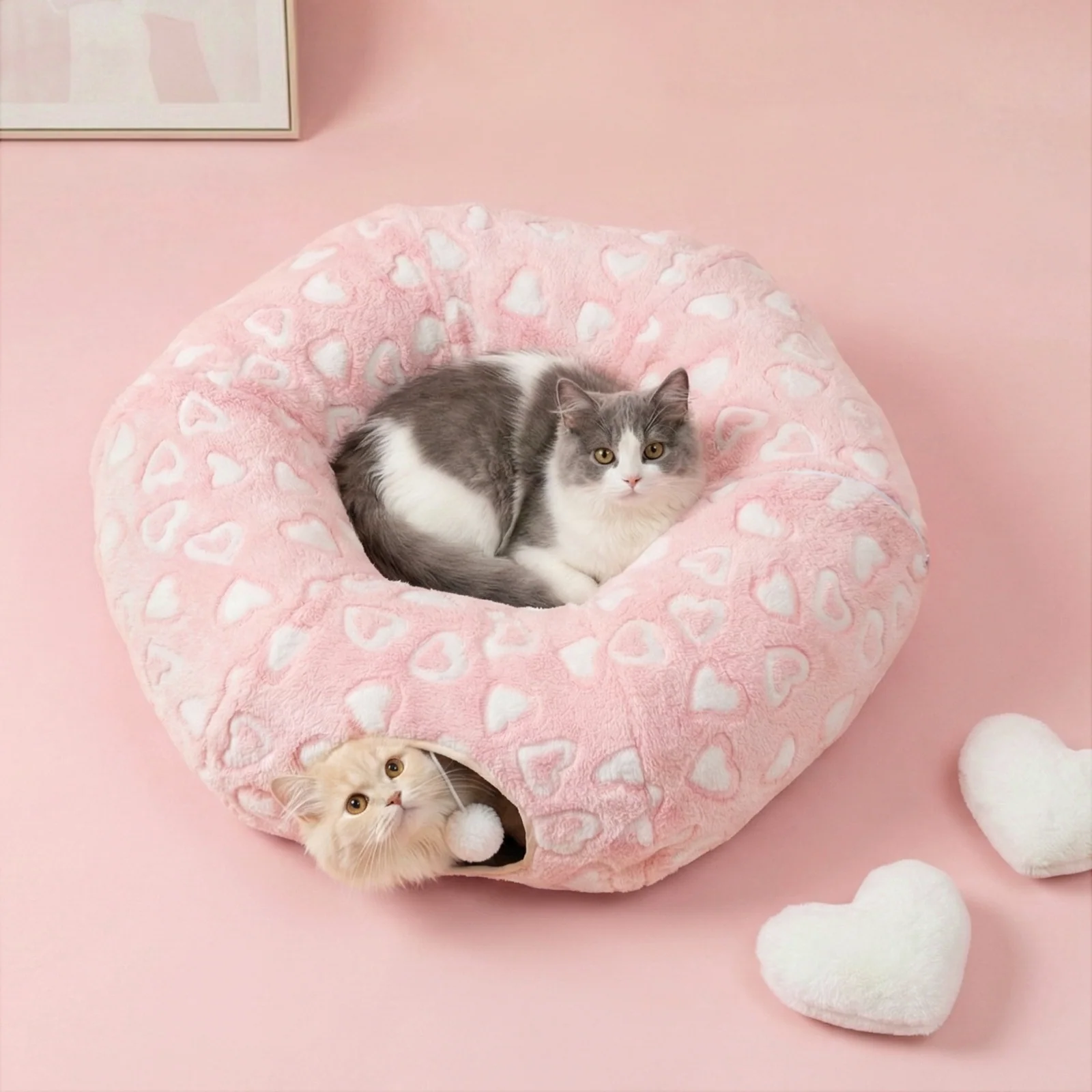 Sweetheart Snuggle Cat Tunnel Bed in Soft Pink Plush