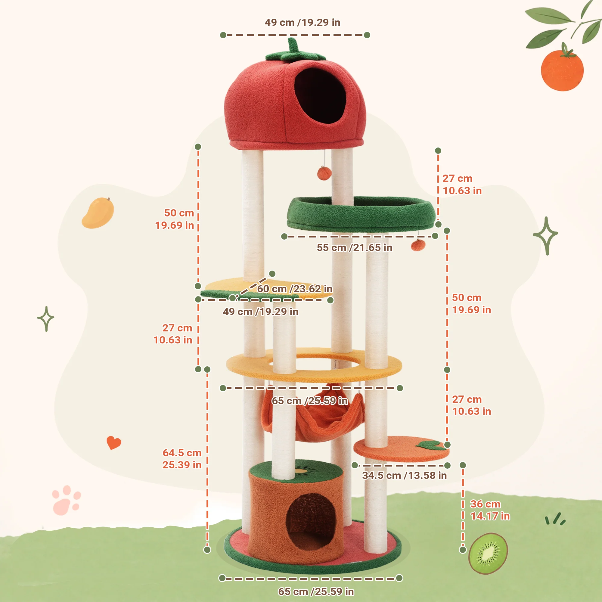 Albero per più gatti Fruit World da 71" con piattaforme a mango, fragola e arancia