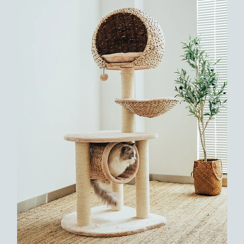 Bird Nest Cat Tree with Hand-Woven Rattan Bed and Four Sisal Posts