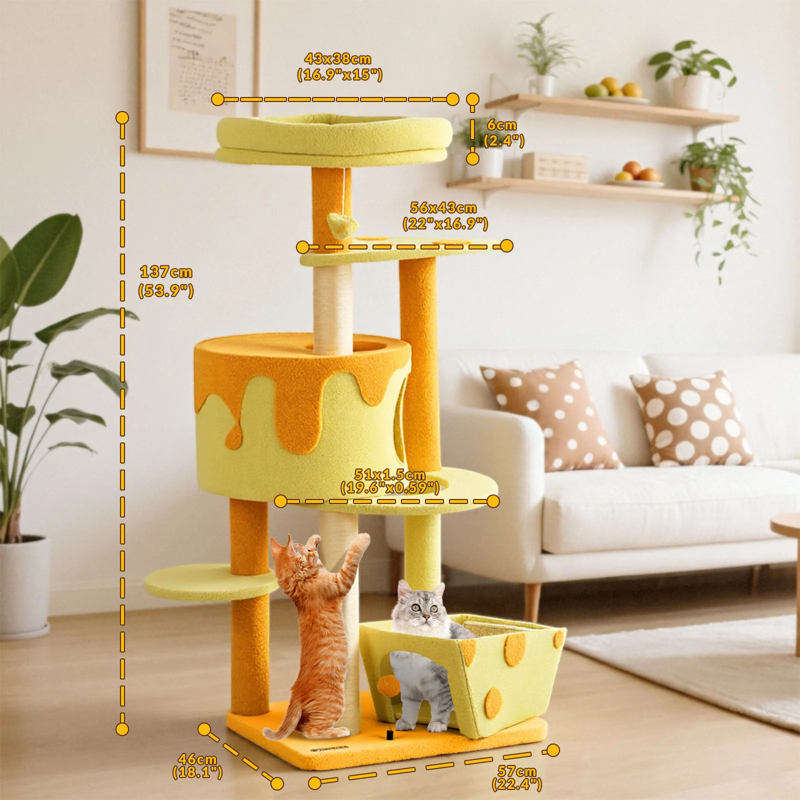 Árbol rascador para gatos con forma de queso transformable, caseta con 3 puertas y acabado de terciopelo Teddy