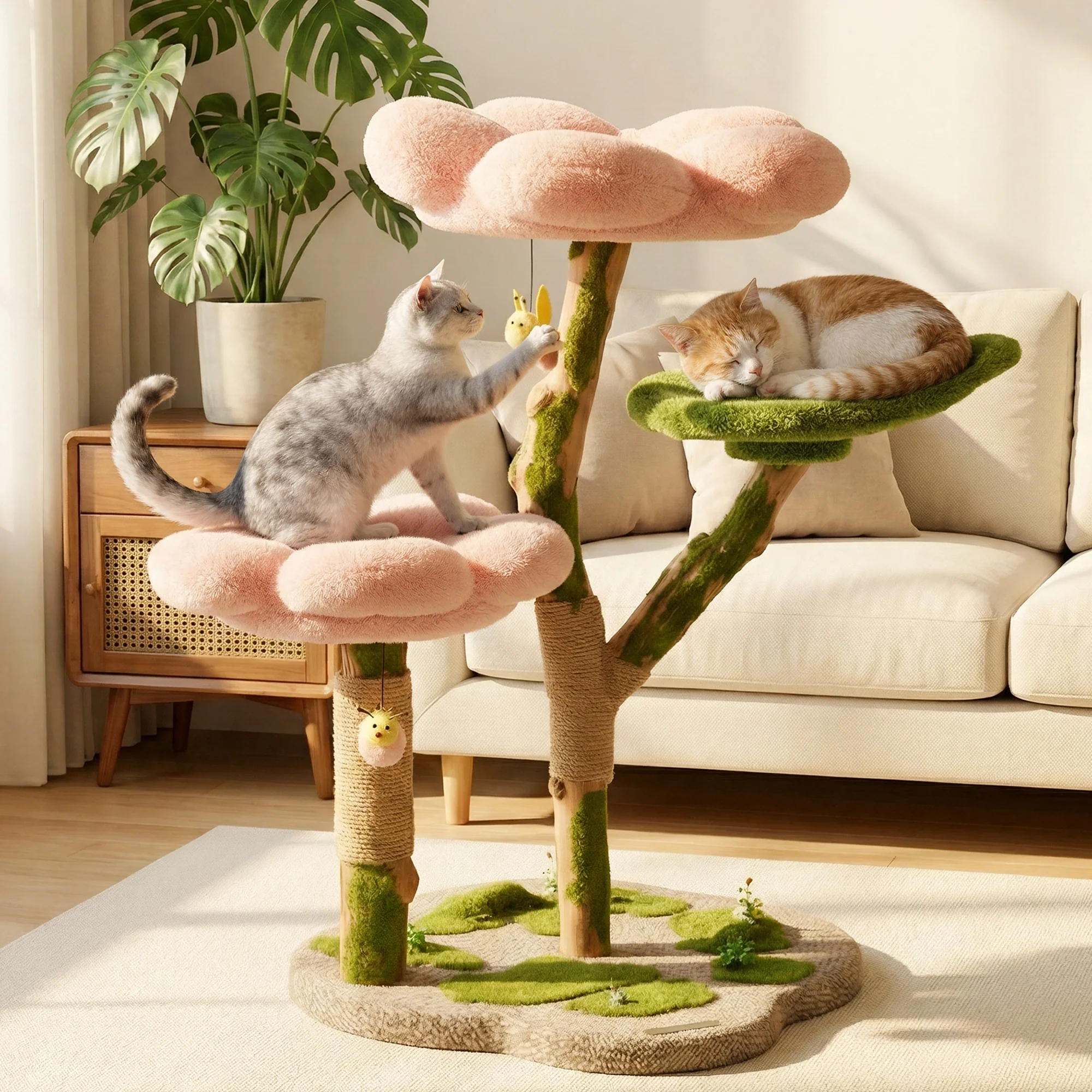 35.4" Blossom Wonder katträd i massivt trä med blom- och lövdesign