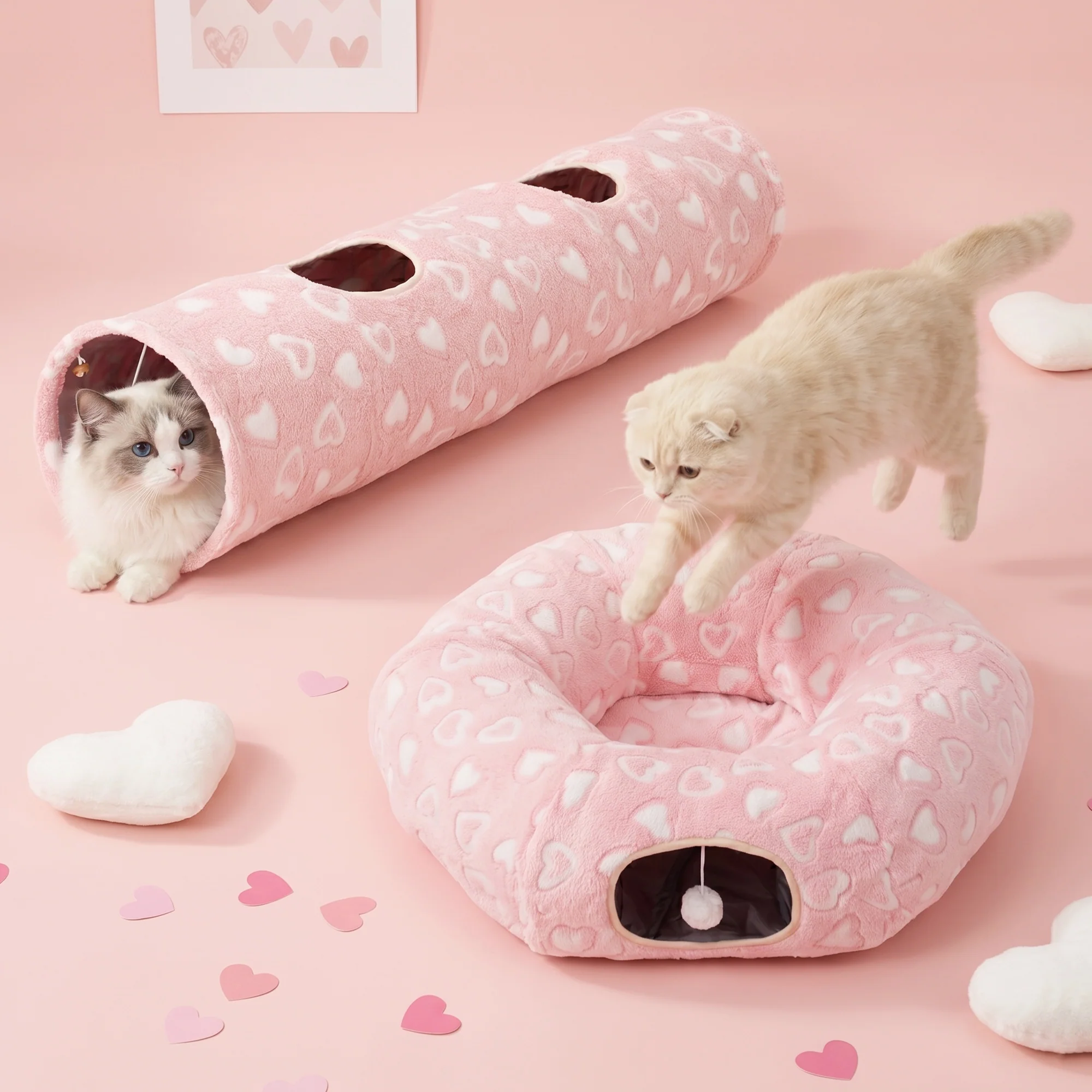 Sweetheart Snuggle Cat Tunnel Bed in Soft Pink Plush