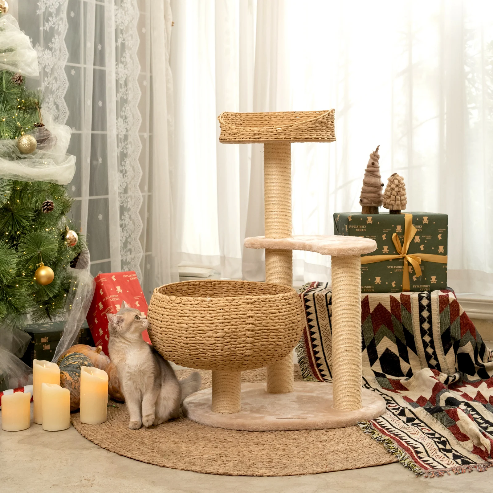 Sleeping in the Bowl Cat Tree with Natural Rattan Nest and 3 Tiers