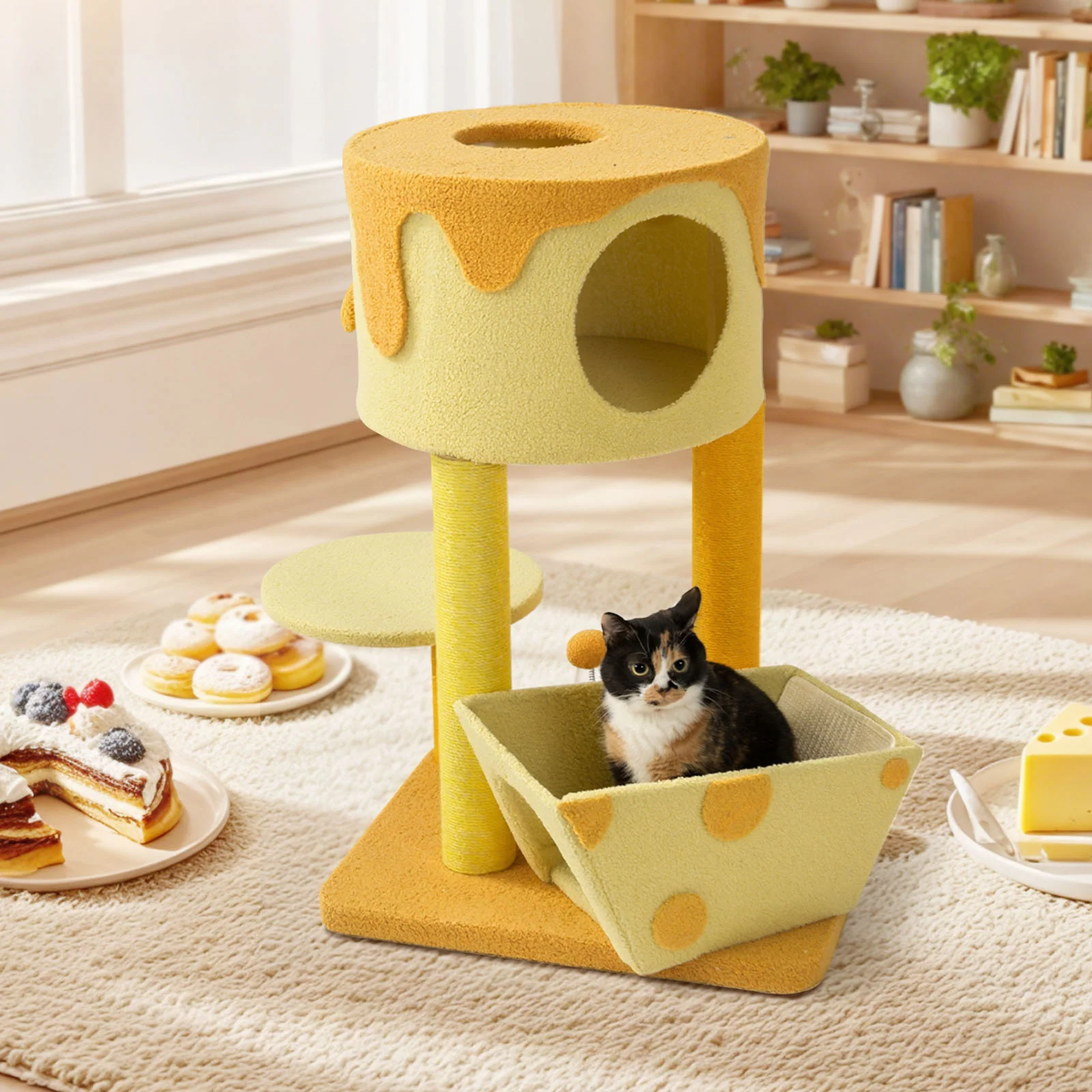 Árbol rascador para gatos con forma de queso transformable, caseta con 3 puertas y acabado de terciopelo Teddy