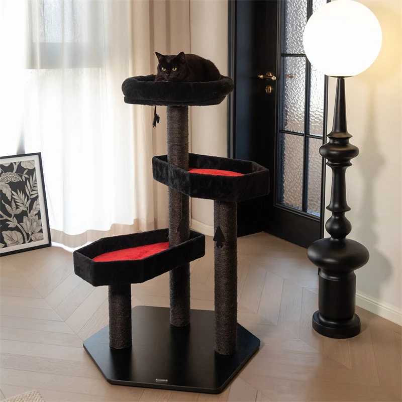 Gothic Style Cat Tree with Coffin Platforms in Red and Black