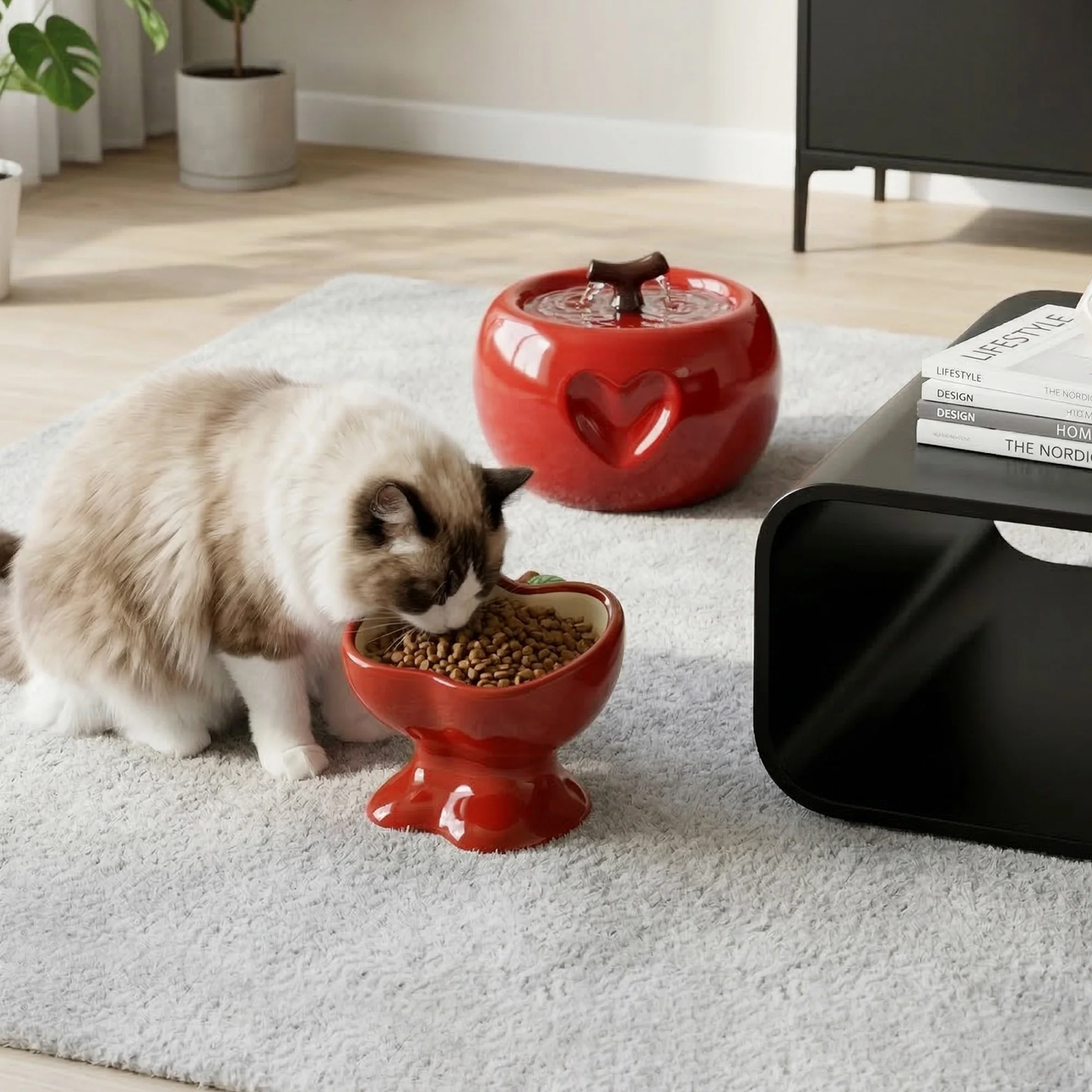Set de comedero y fuente Love Apple para gatos