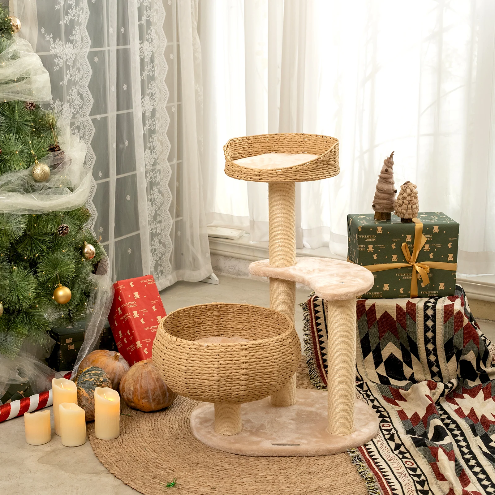 Sleeping in the Bowl Cat Tree with Natural Rattan Nest and 3 Tiers