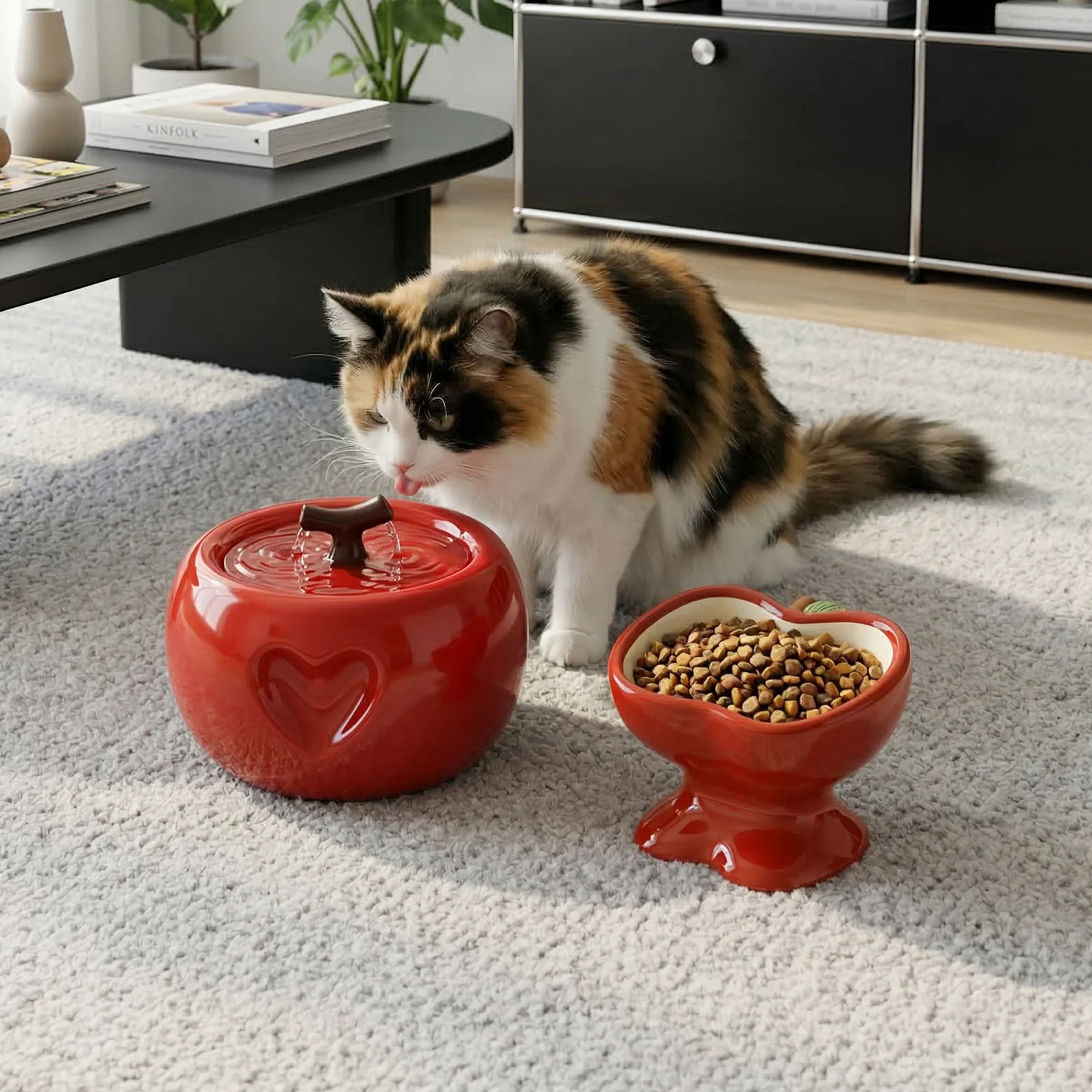 Set de comedero y fuente Love Apple para gatos