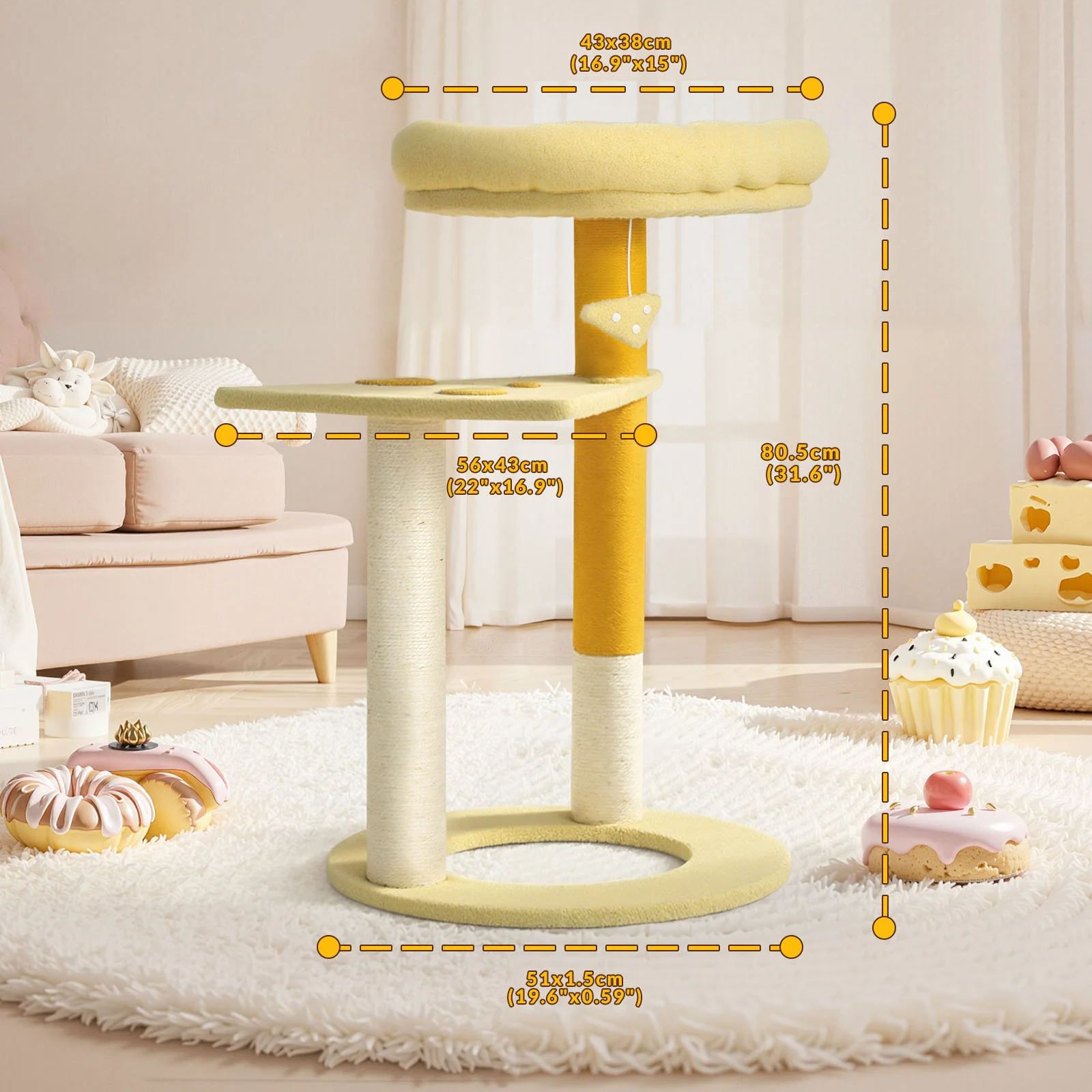 Árbol rascador para gatos con forma de queso transformable, caseta con 3 puertas y acabado de terciopelo Teddy