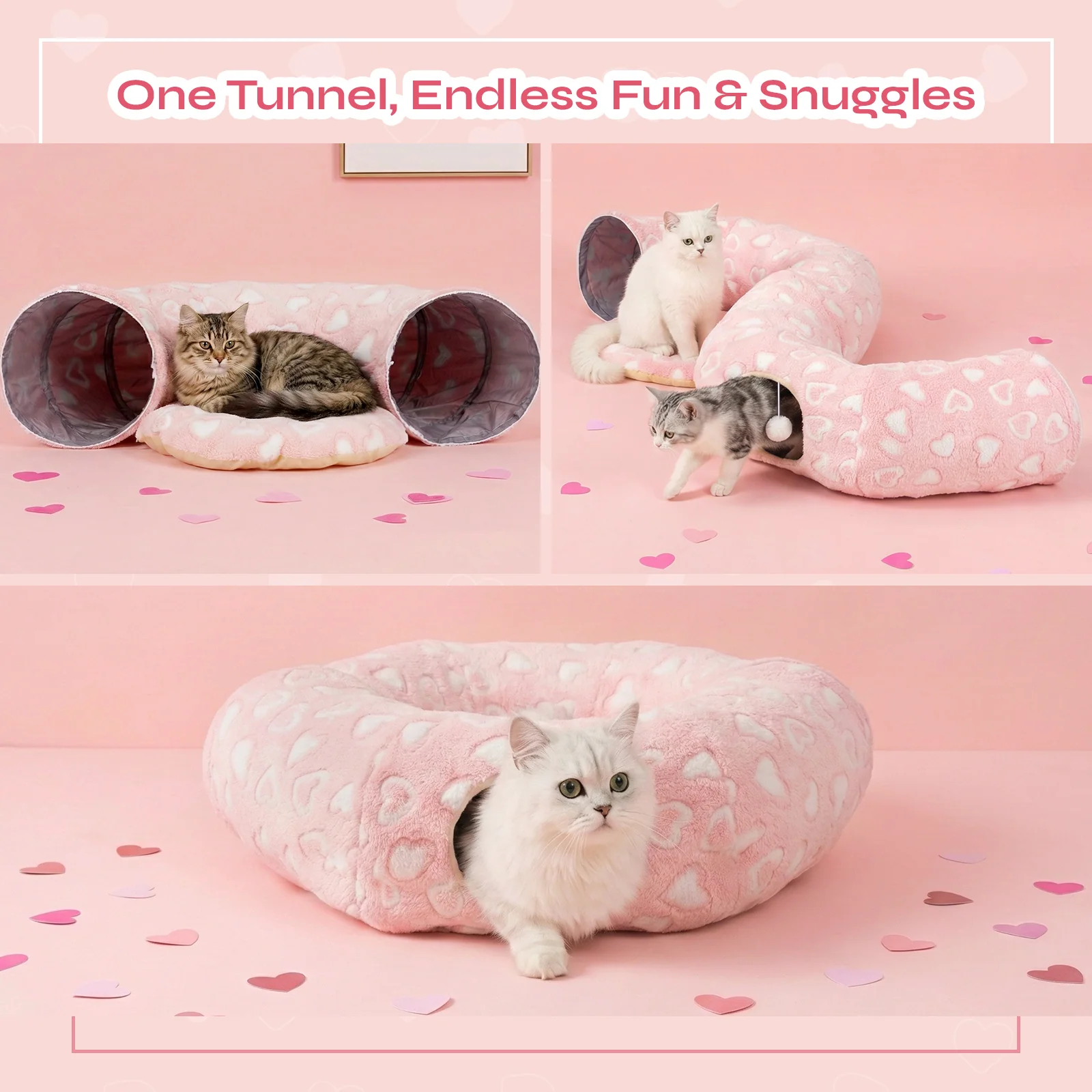 Sweetheart Snuggle Cat Tunnel Bed in Soft Pink Plush