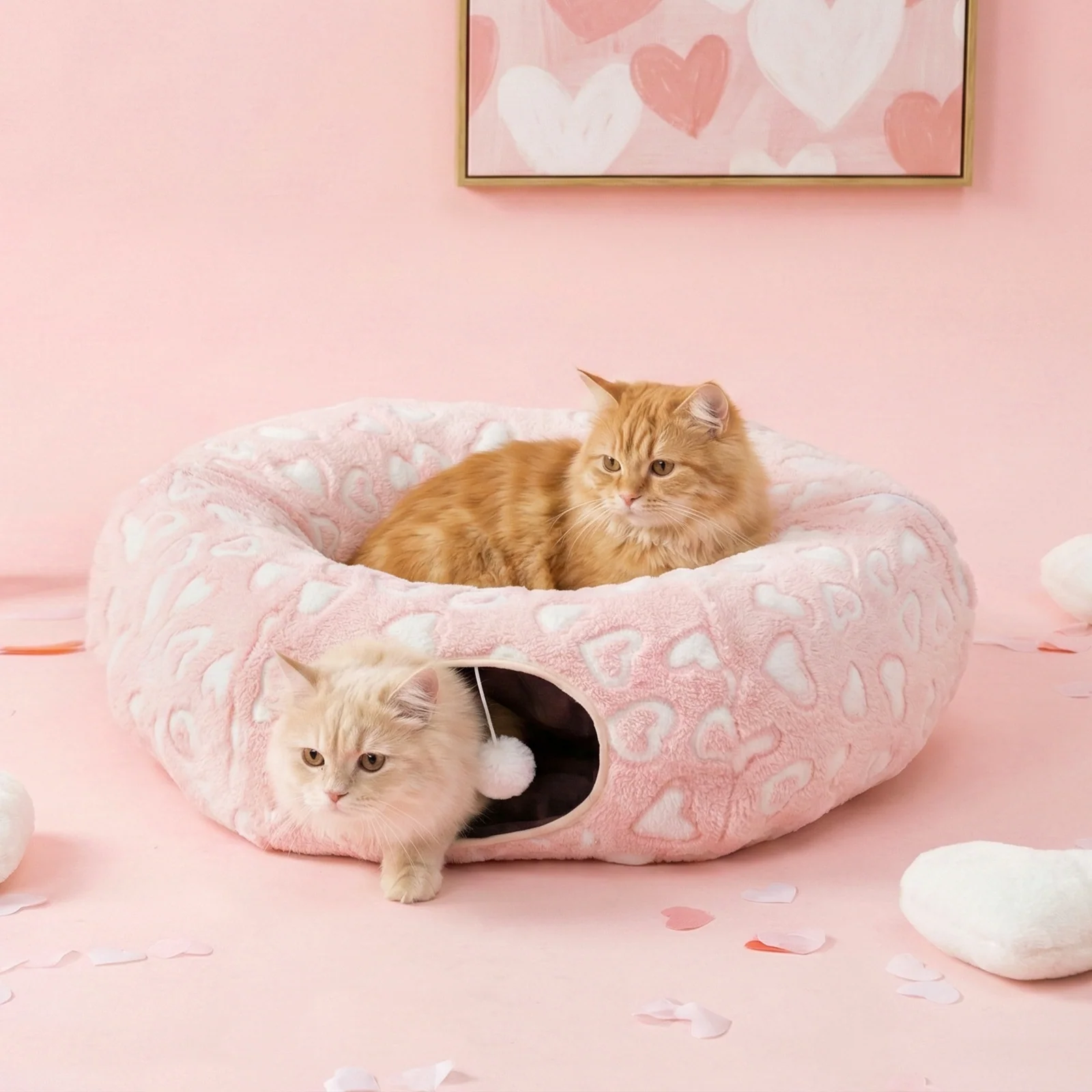 Sweetheart Snuggle Cat Tunnel Bed in Soft Pink Plush