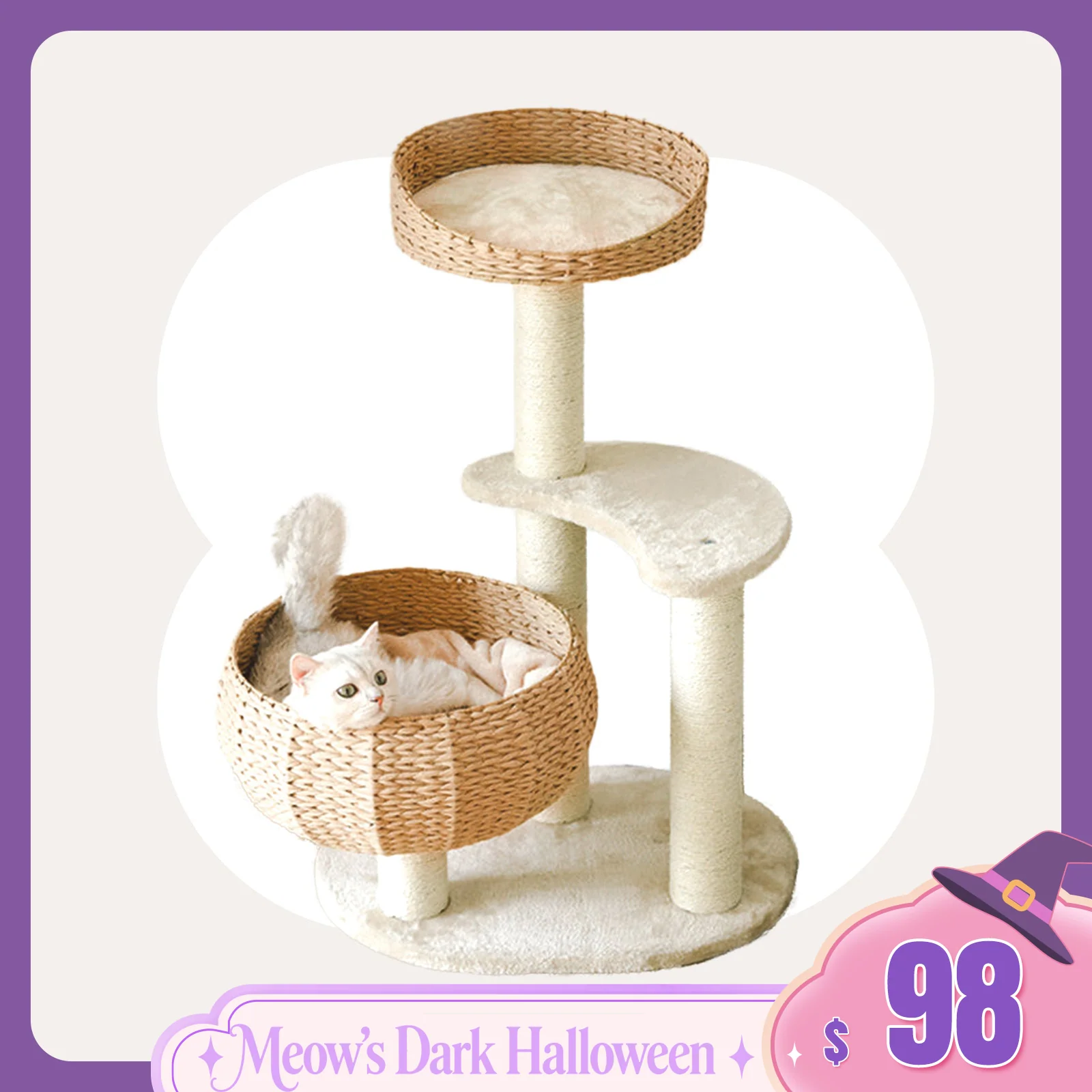 Sleeping in the Bowl Cat Tree with Natural Rattan Nest and 3 Tiers