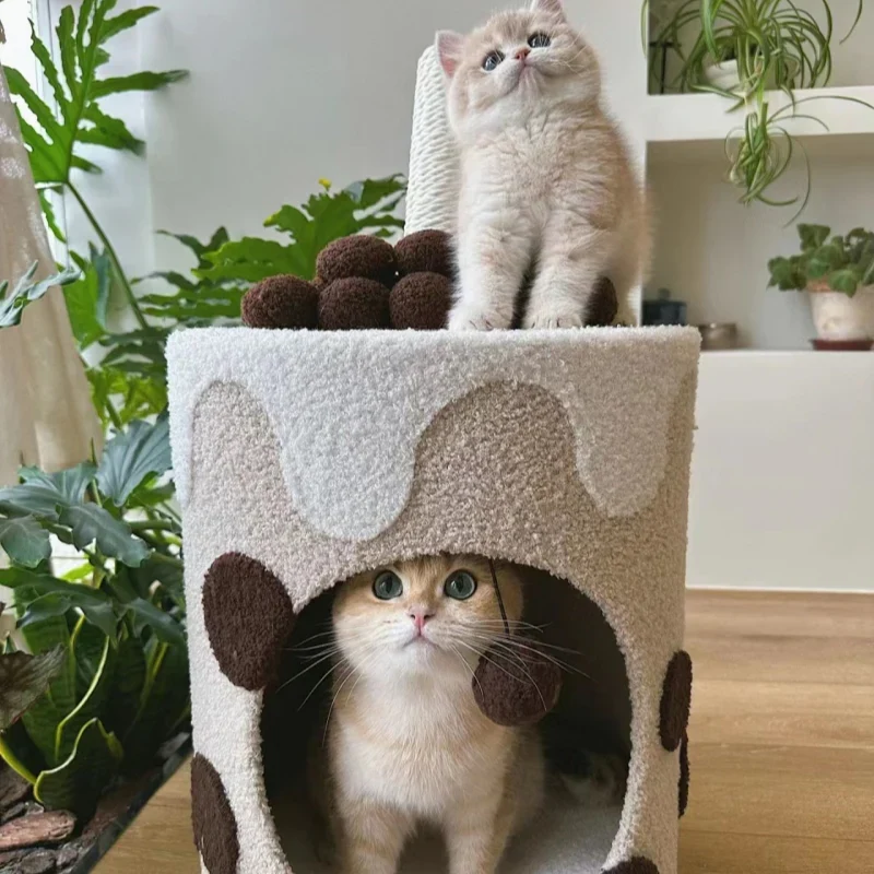 Tırmalama Yüzeyli ve Asılı İncili Boba Çay Bardağı Kedi Tırmanma Ağacı