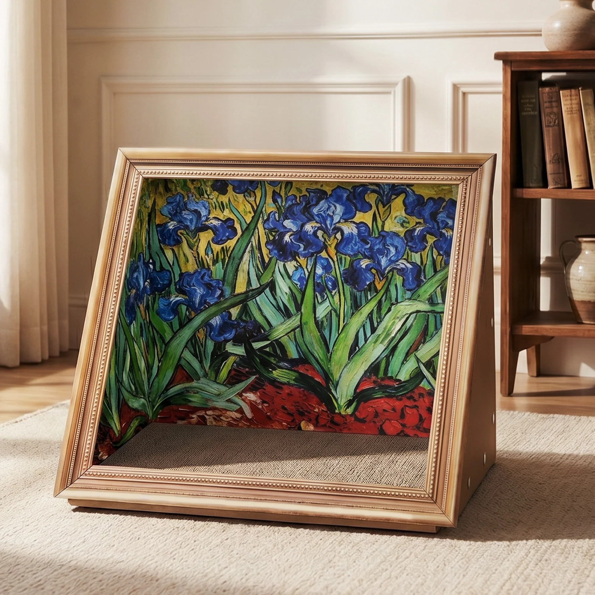 Retro Art Cat Scratcher with Gold Frame and Oil Painting Backdrop